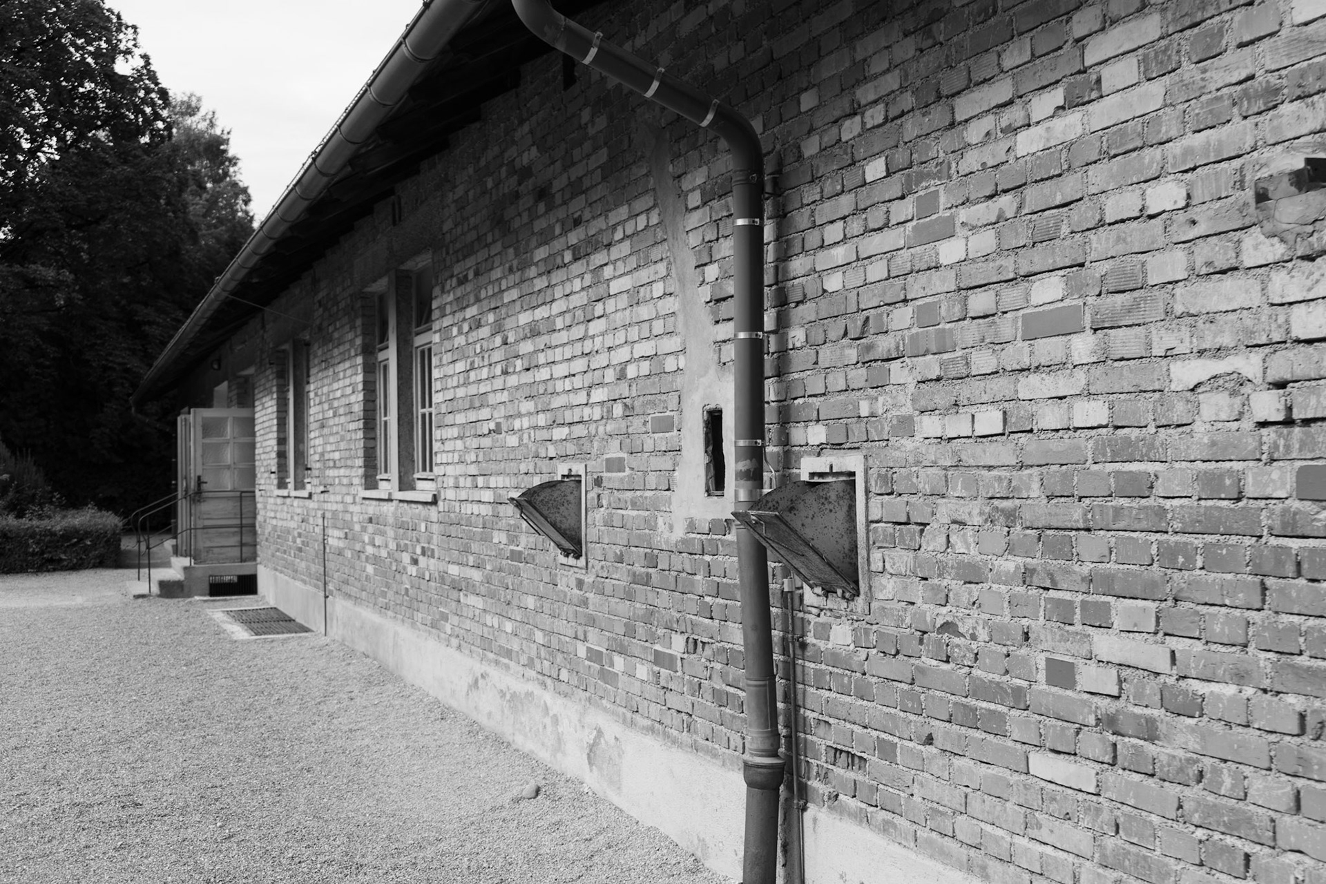 Closeup of the 2nd crematorium. The two open slots are where the gas cylinders were inserted. The rectangular shape was a window so the victims of gas could be observed.