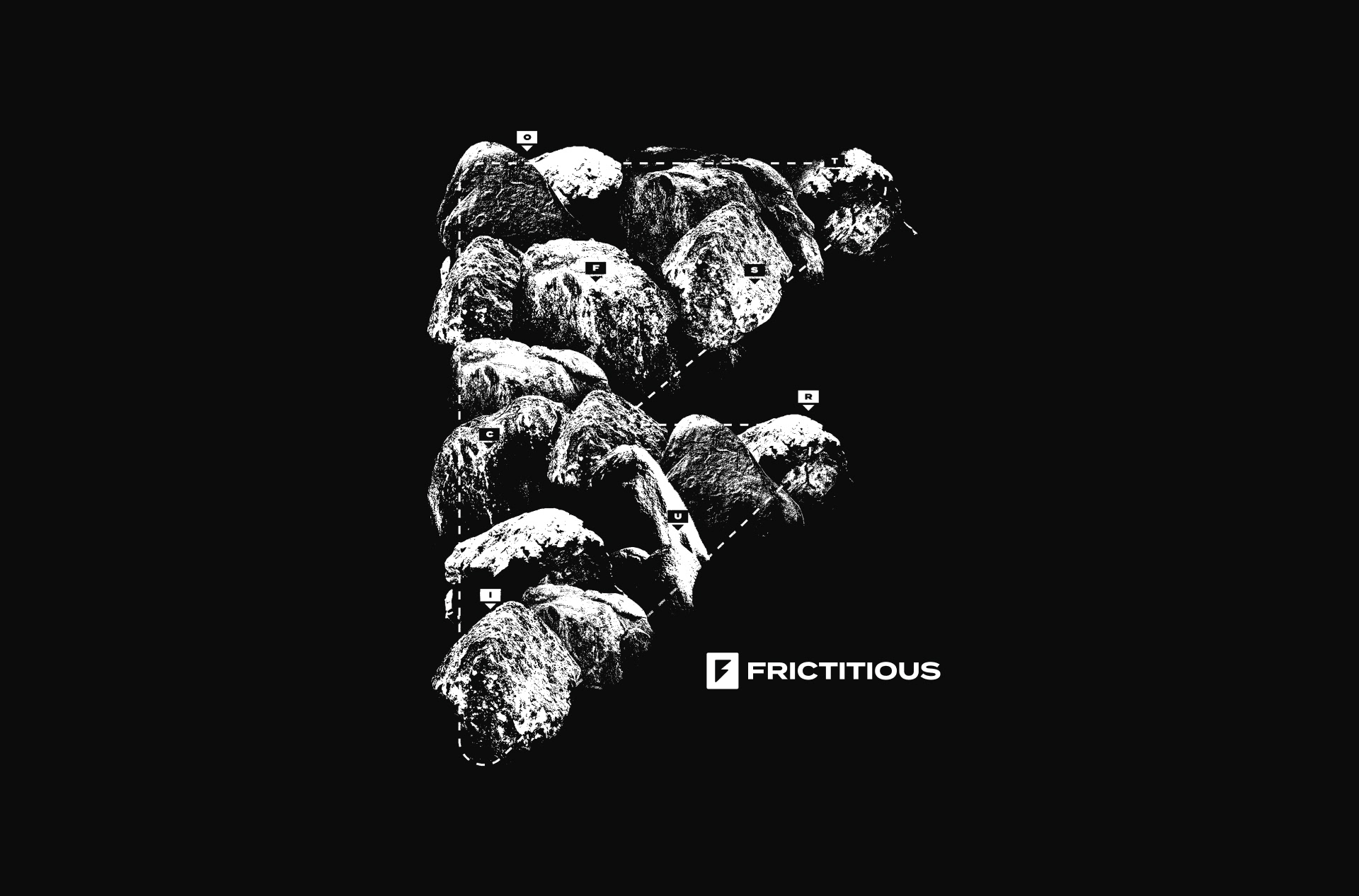 F icon made of boulders like a talus field