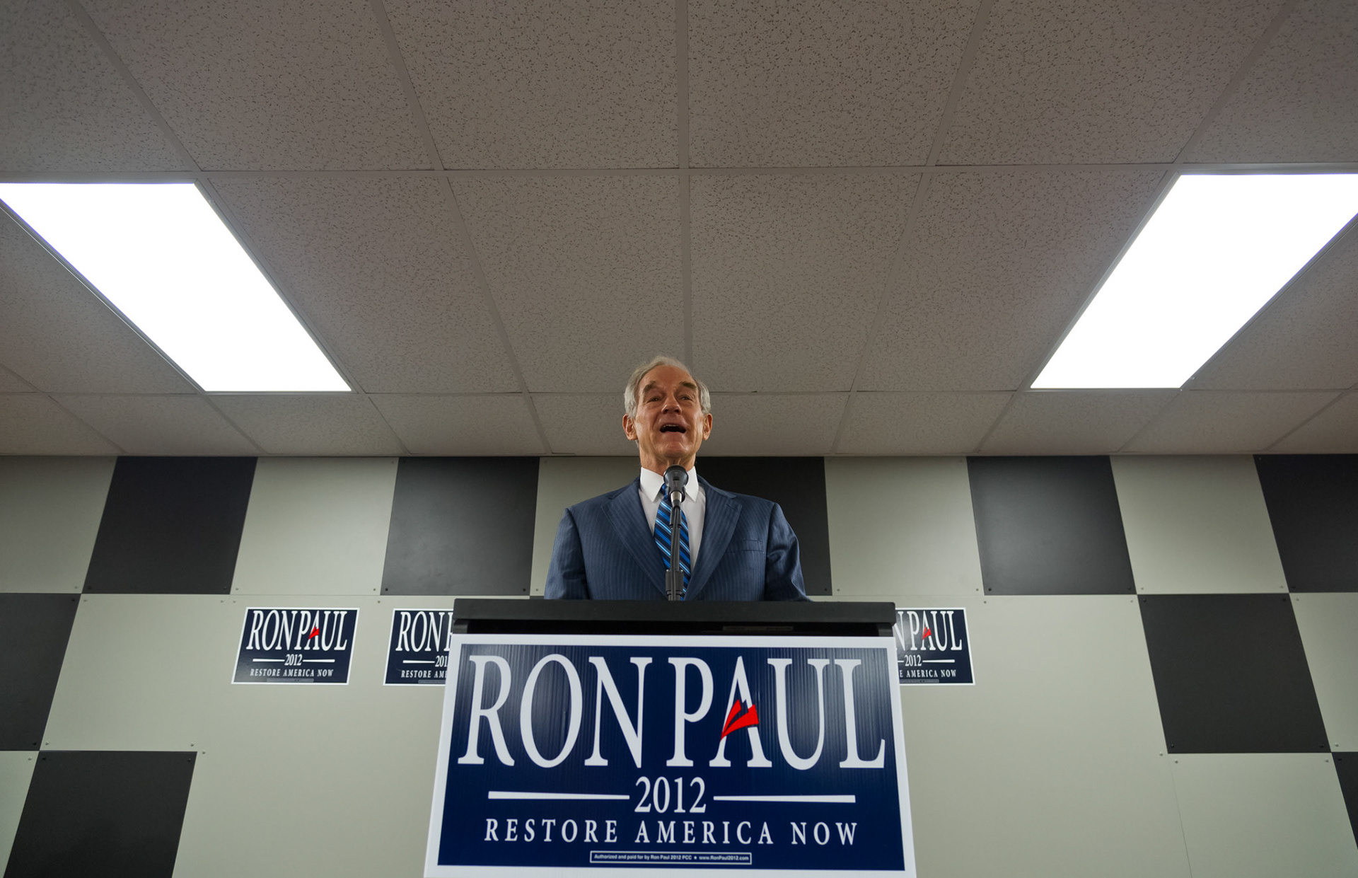 GOP Presidential candidate Ron Paul speaks to supporters in the Media Center of the Iowa Speedway in  Newton, Iowa.