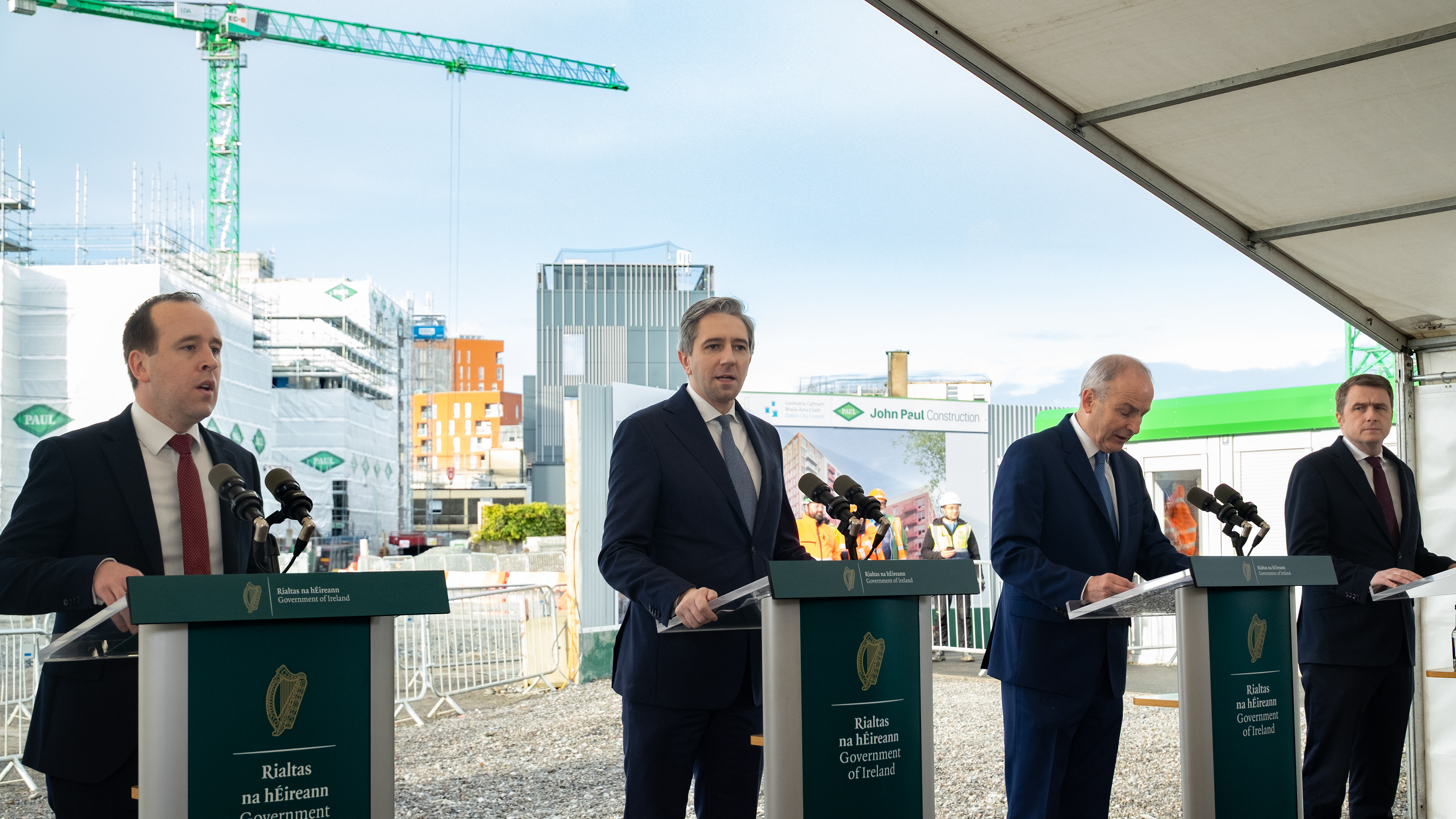 Minister of State for Housing, Local Government and Heritage, JOHN CUMMINS (right), Tanaiste SIMON HARRIS (middle right), Taoiseach MICHEAL MARTIN (center left) and Minister for Housing, Local Government and Heritage, JAMES BROWNE (right) © All rights reserved, Annabelle Hamil 2025