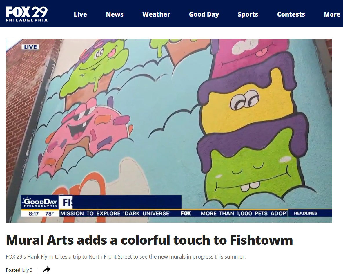Fox 29 news covering the Front St. Walls project with Mural Arts and Street Dept. walls. Featuring works of EL TORO and 3 other local artists.