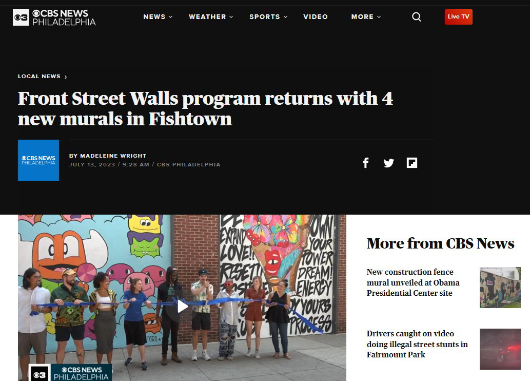 CBS Philadelphia covering the Front St. Walls project in Fishtown, Philadelphia. Featuring the works of EL TORO and 3 other local artists.