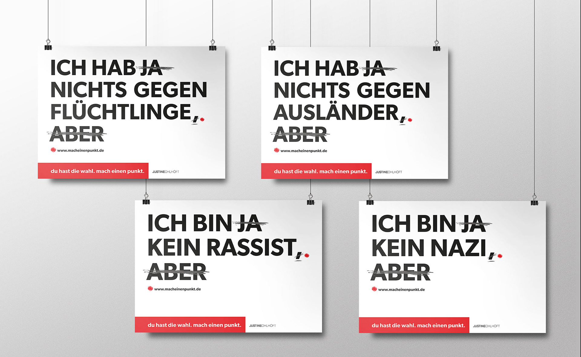 Die erste Kampagne "du hast die wahl. mach einen punkt." spielt mit dem klassischen Satz "Ich hab ja nichts gegen Flüchtlinge, aber …".