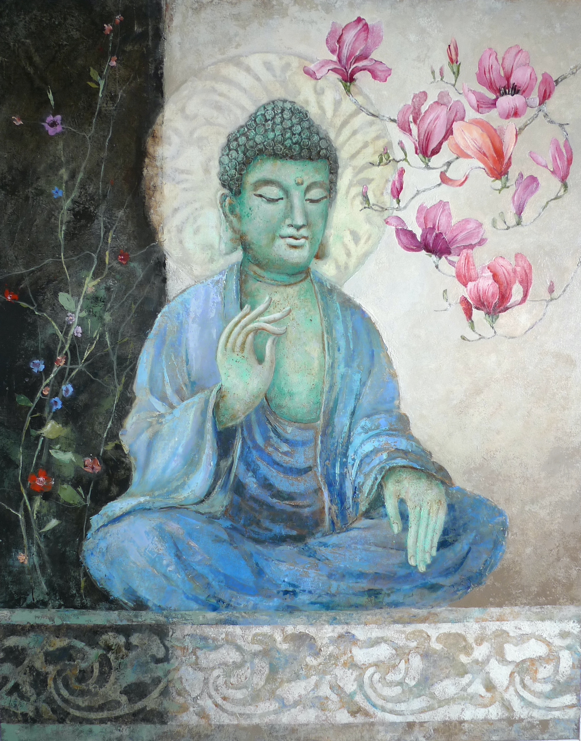 Buddha and magnolias 73x92 oil canvas
