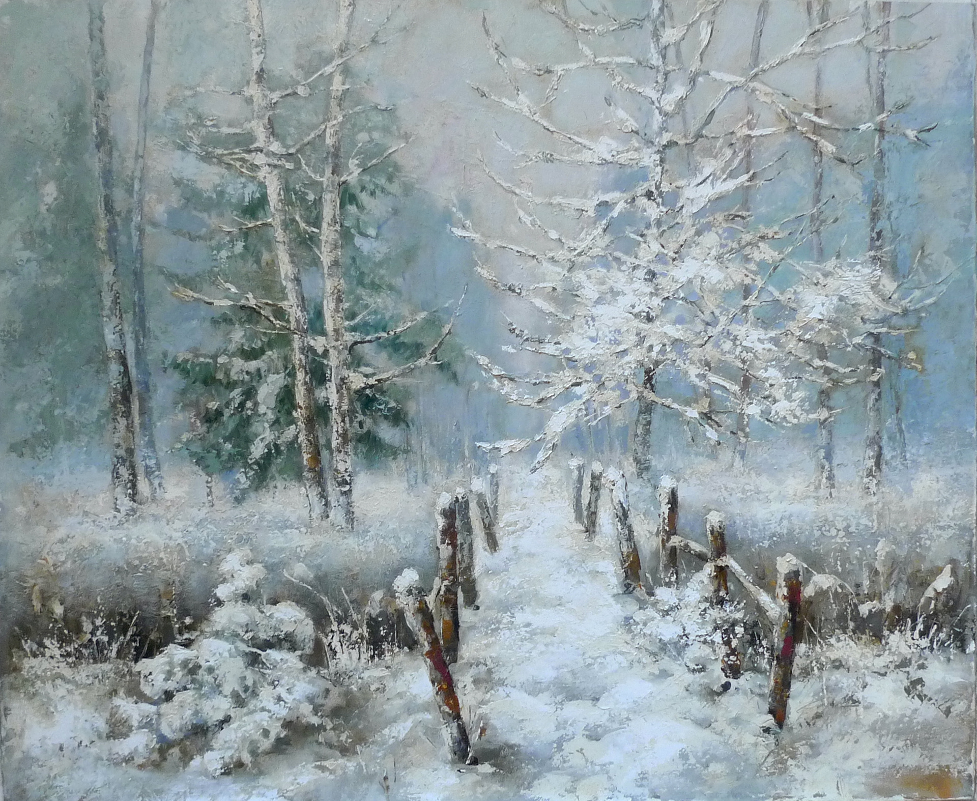 Bridge in the snow 73x60 oil canvas