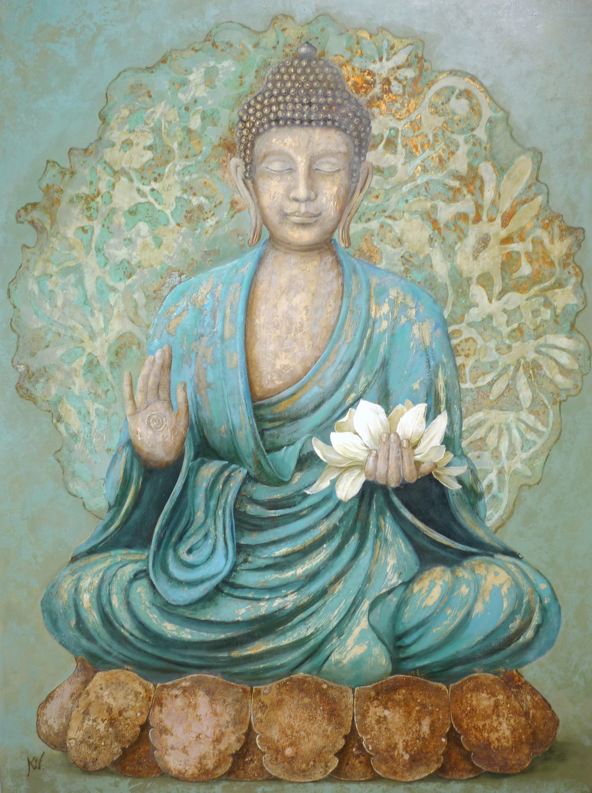Buddha in a blue robe, 92x70 oil canvas