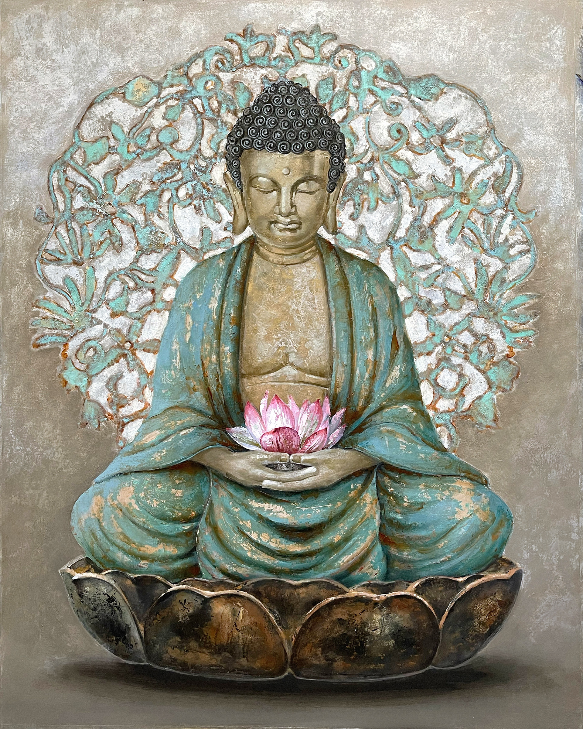 Buddha holding a flower, oil on canvas, 92x73 cm