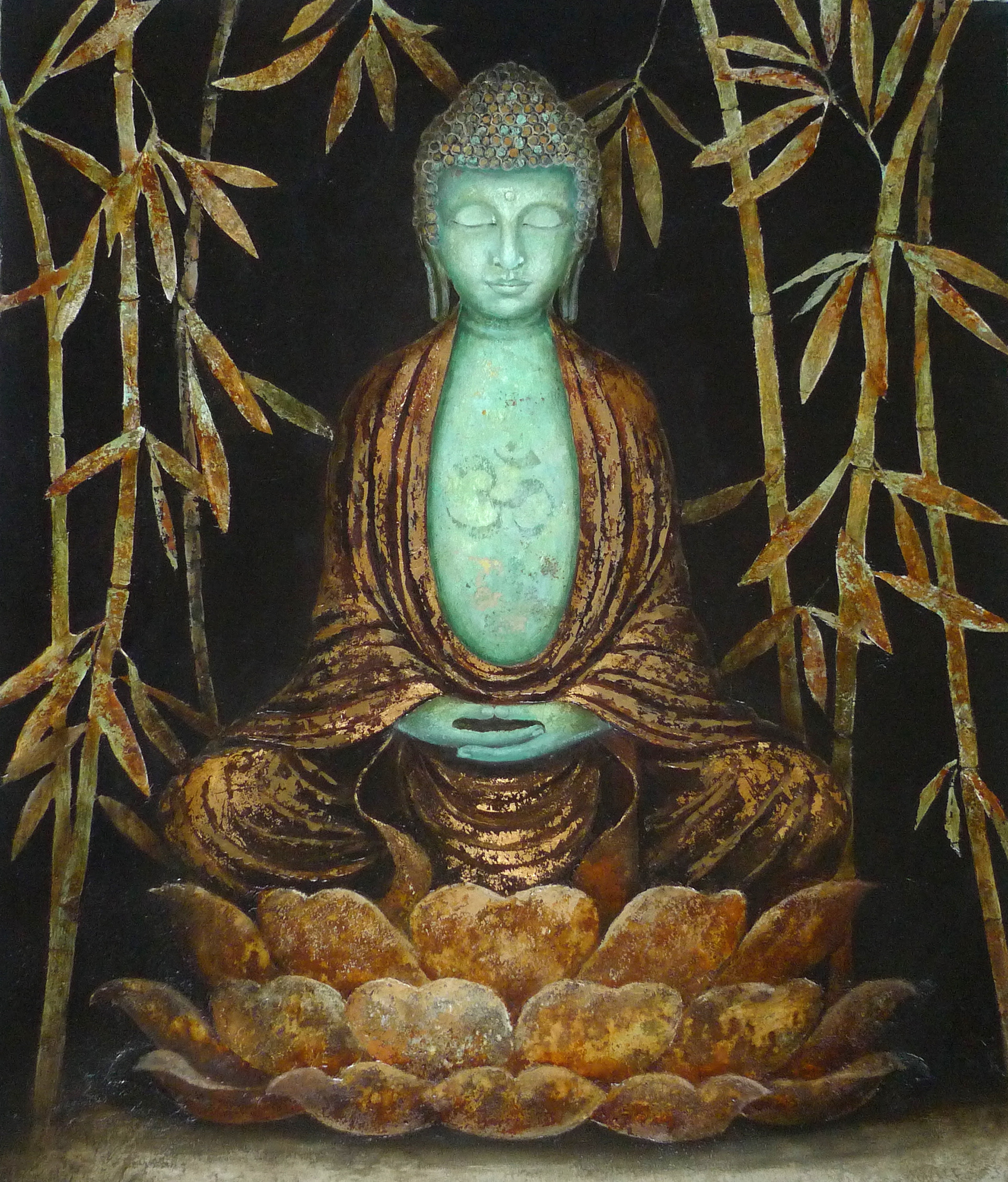 Green Buddha on a black background, 92x73 oil canvas