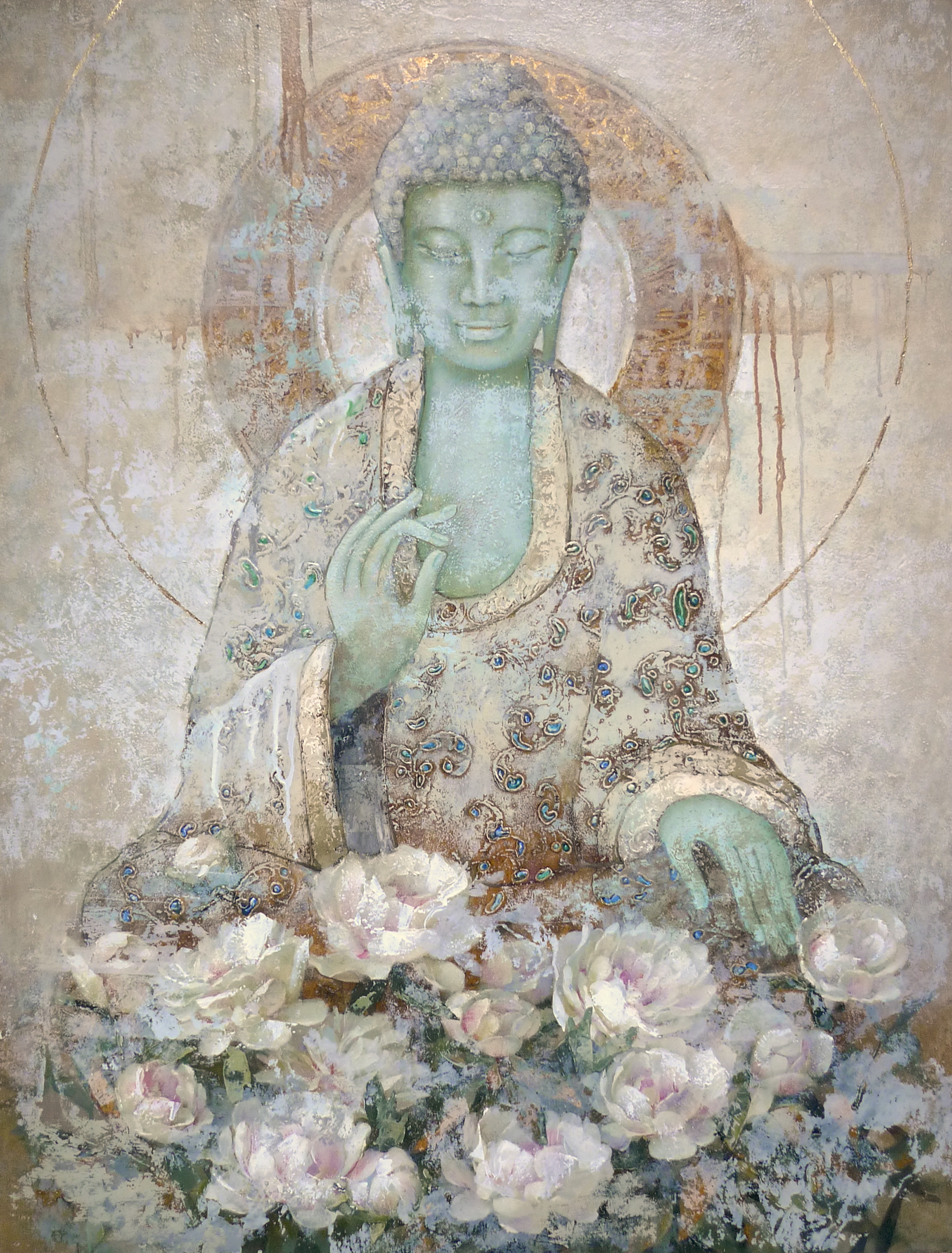 Buddha and white peonies 92x70 oil canvas