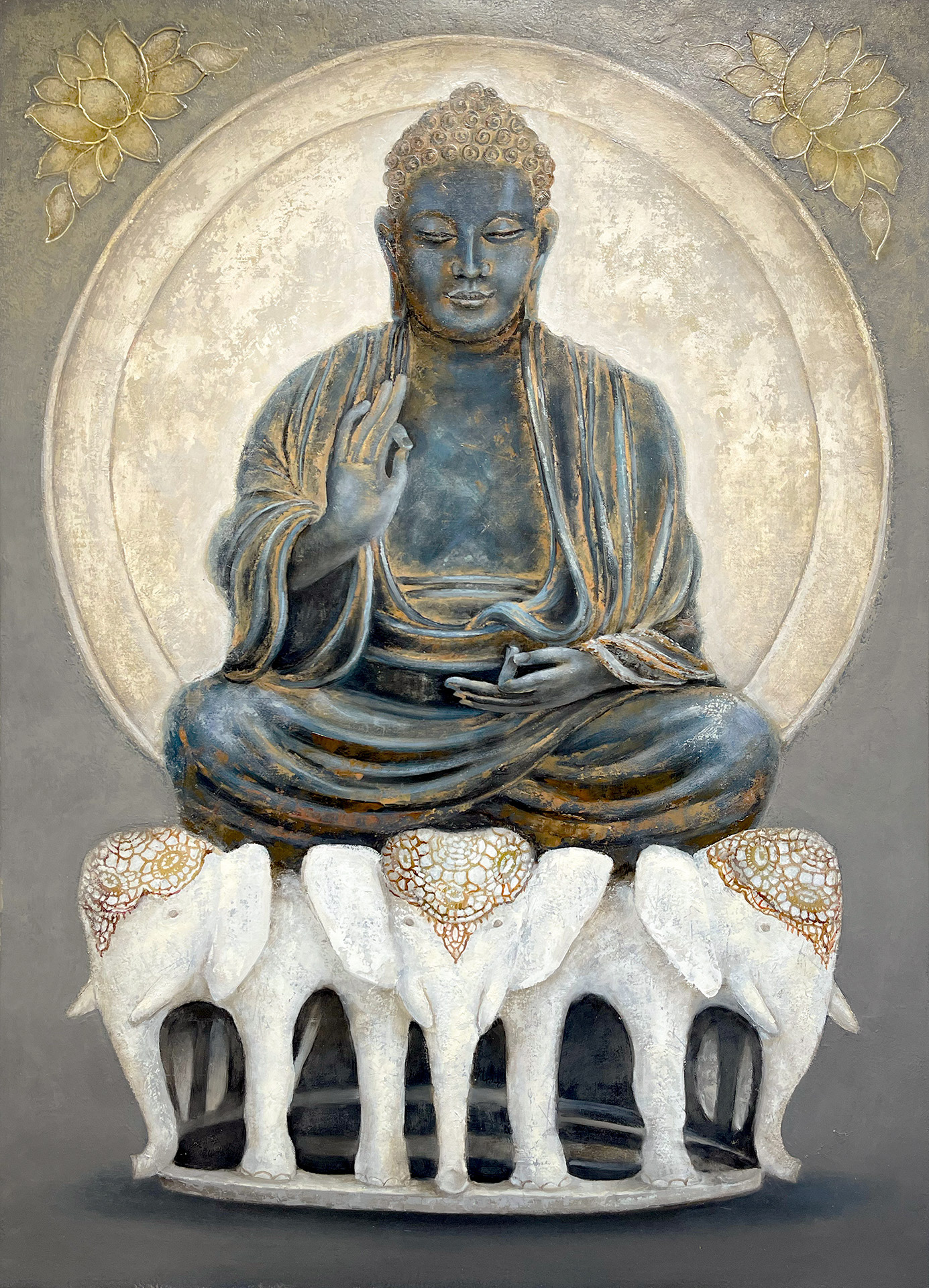 Buddha on elephants, oil on canvas, 100x73cm