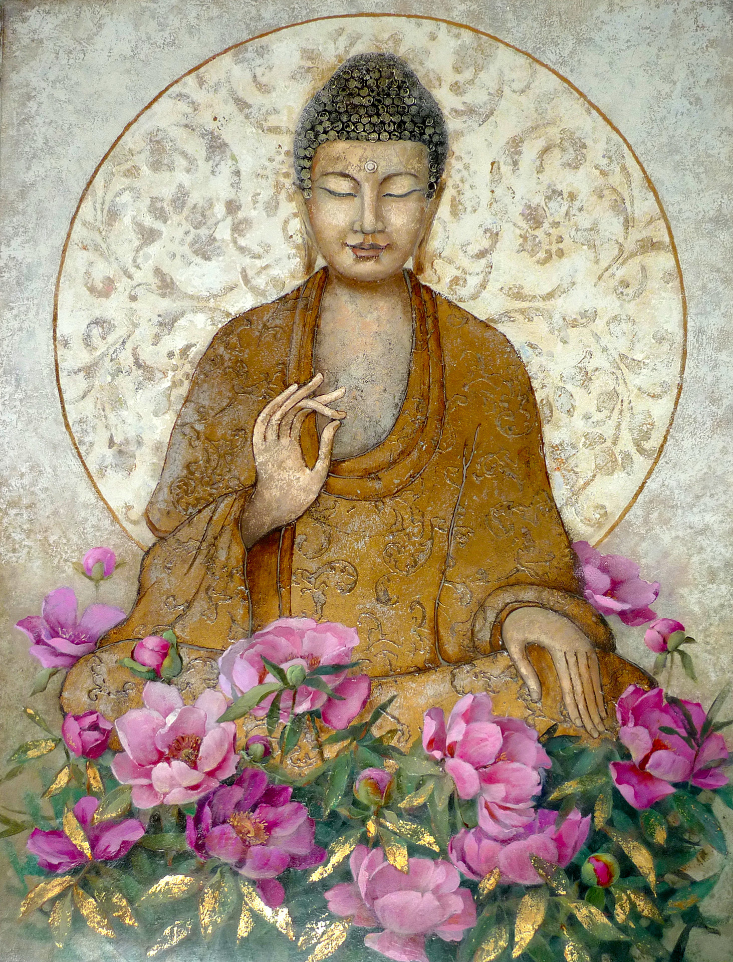 Buddha and pink peonies, oil on canvas, 70x81 cm