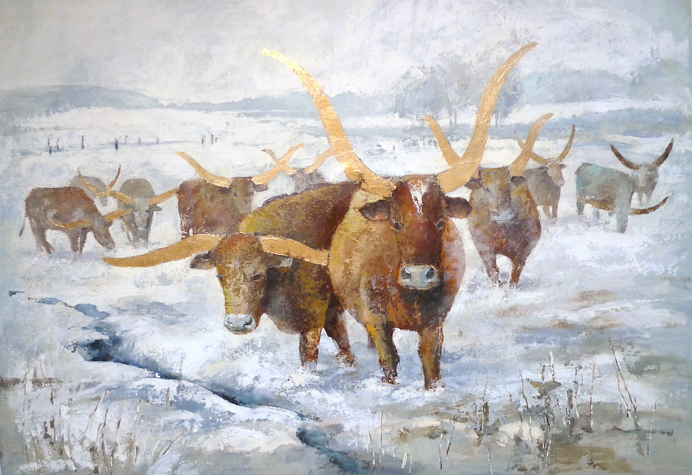 Cows in the snow, 100x70 oil canvas