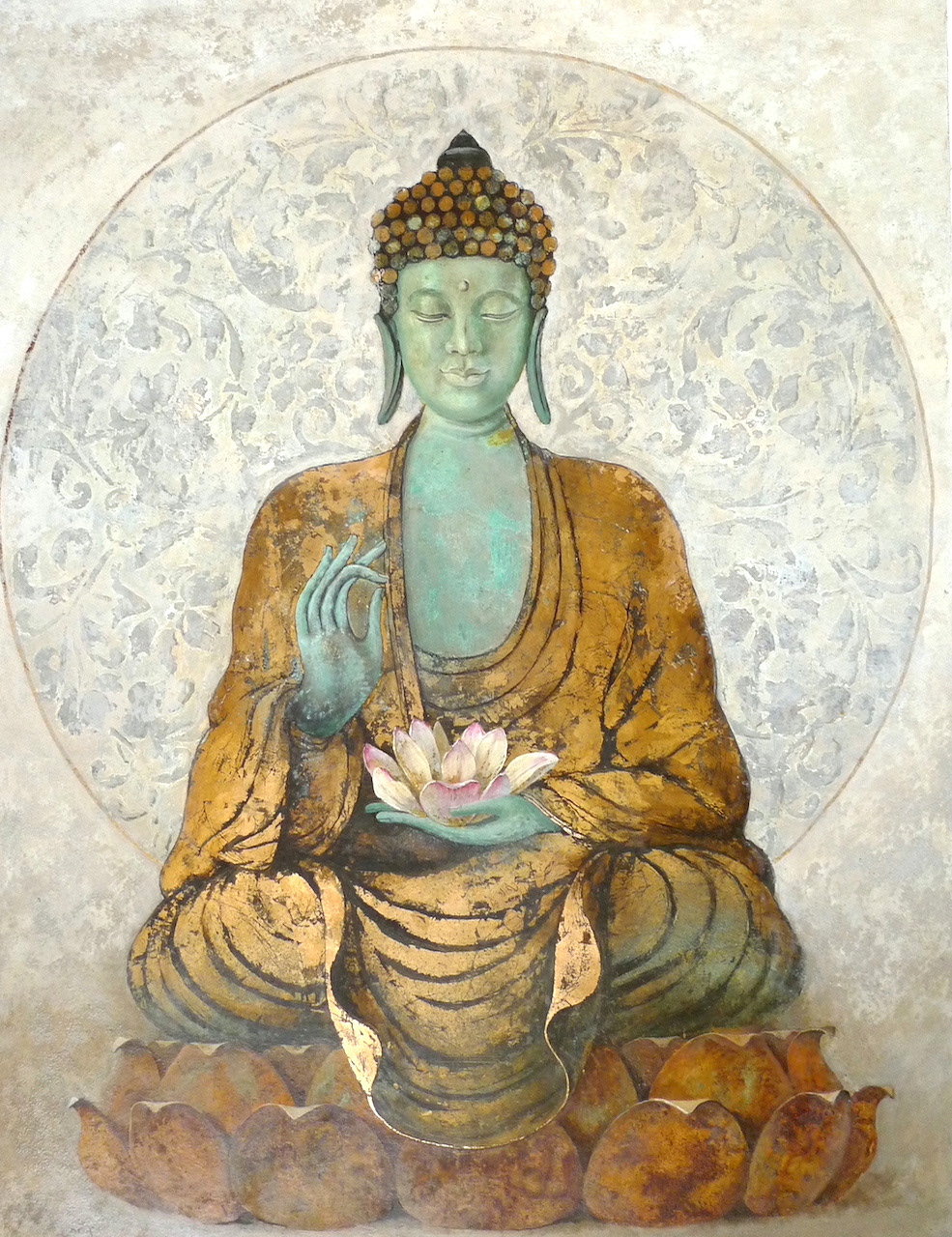 Buddha in a golden robe, 98x75 oil on canvas