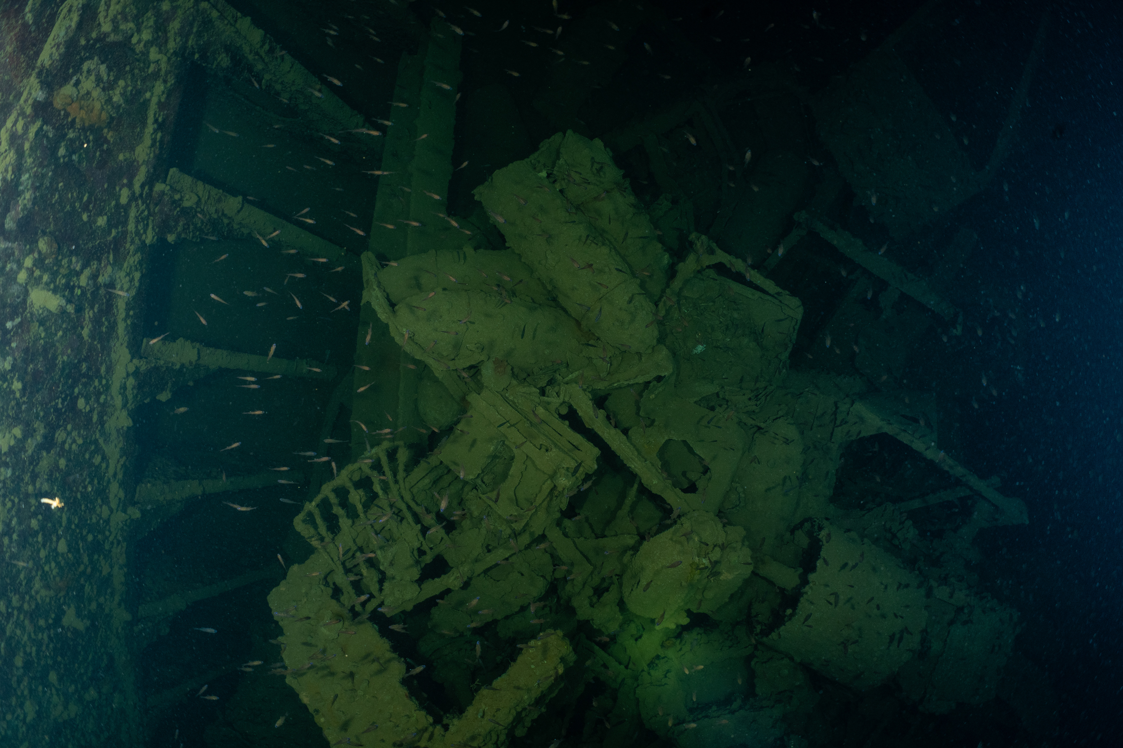 Jumbled pile on port side of aft hold, now the bottom.