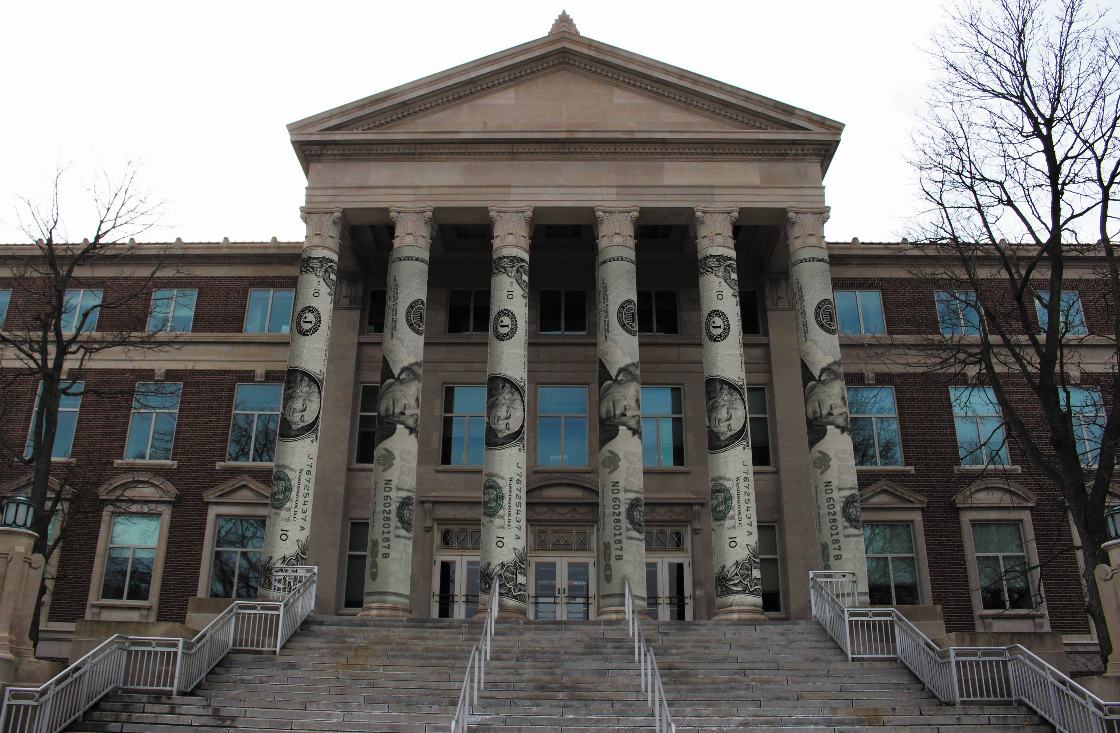 Every year, Purdue University releases the salaries of all its non-student employees, and The Exponent publishes that entire document in its Salary Guide edition. I replaced Hovde Hall’s pillars with dollar bills to symbolize the money supporting the high-ranking administrative officials that work in the building (some of the most popular people to check out in the Guide).