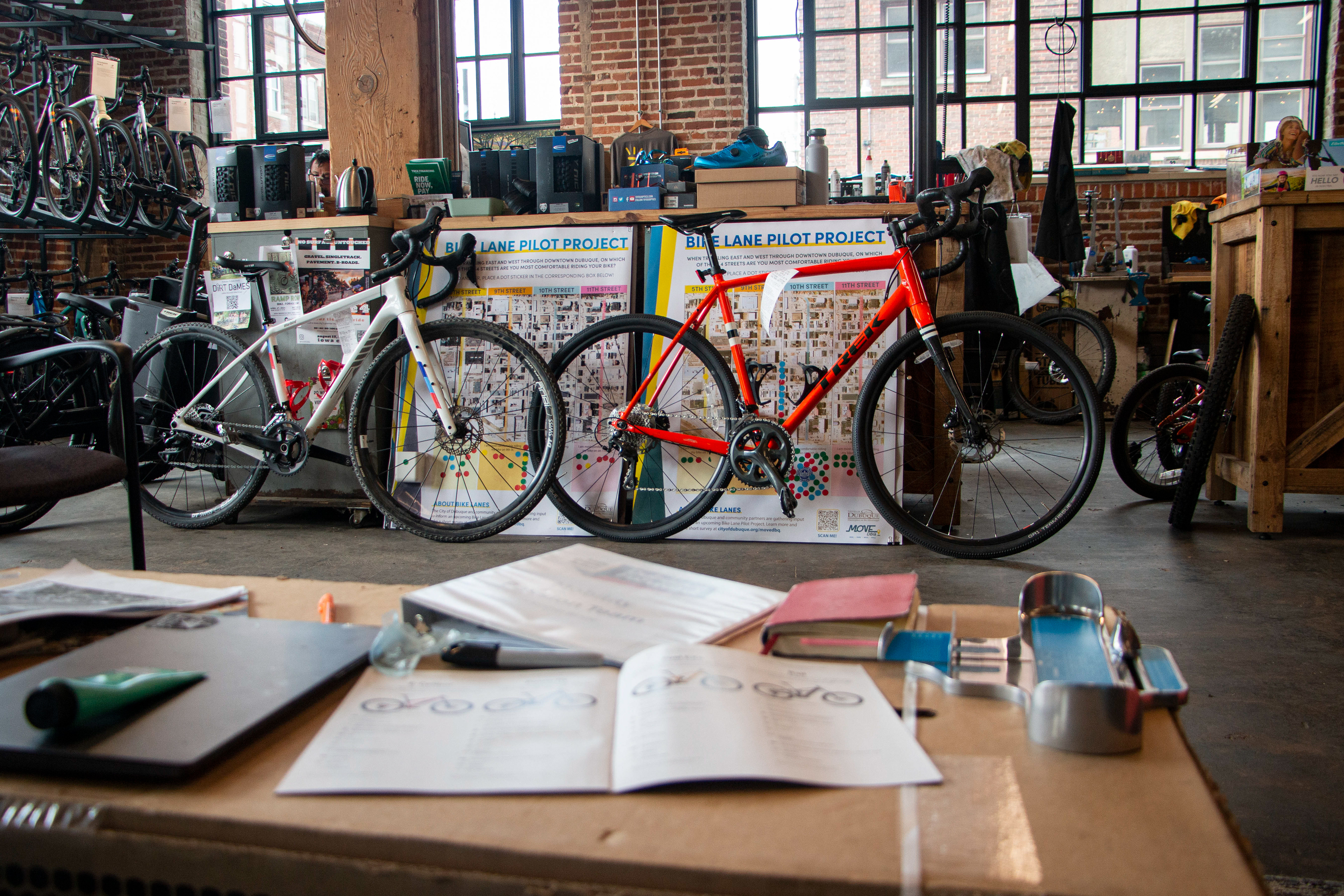 Bicycle World in Dubuque, IA on April 27, 2024. The owner of Bycicle World, David Hartig, is part of the Mobility Passion Team the group working on a project to create bike lanes in Dubuque called Dubuque Forward.