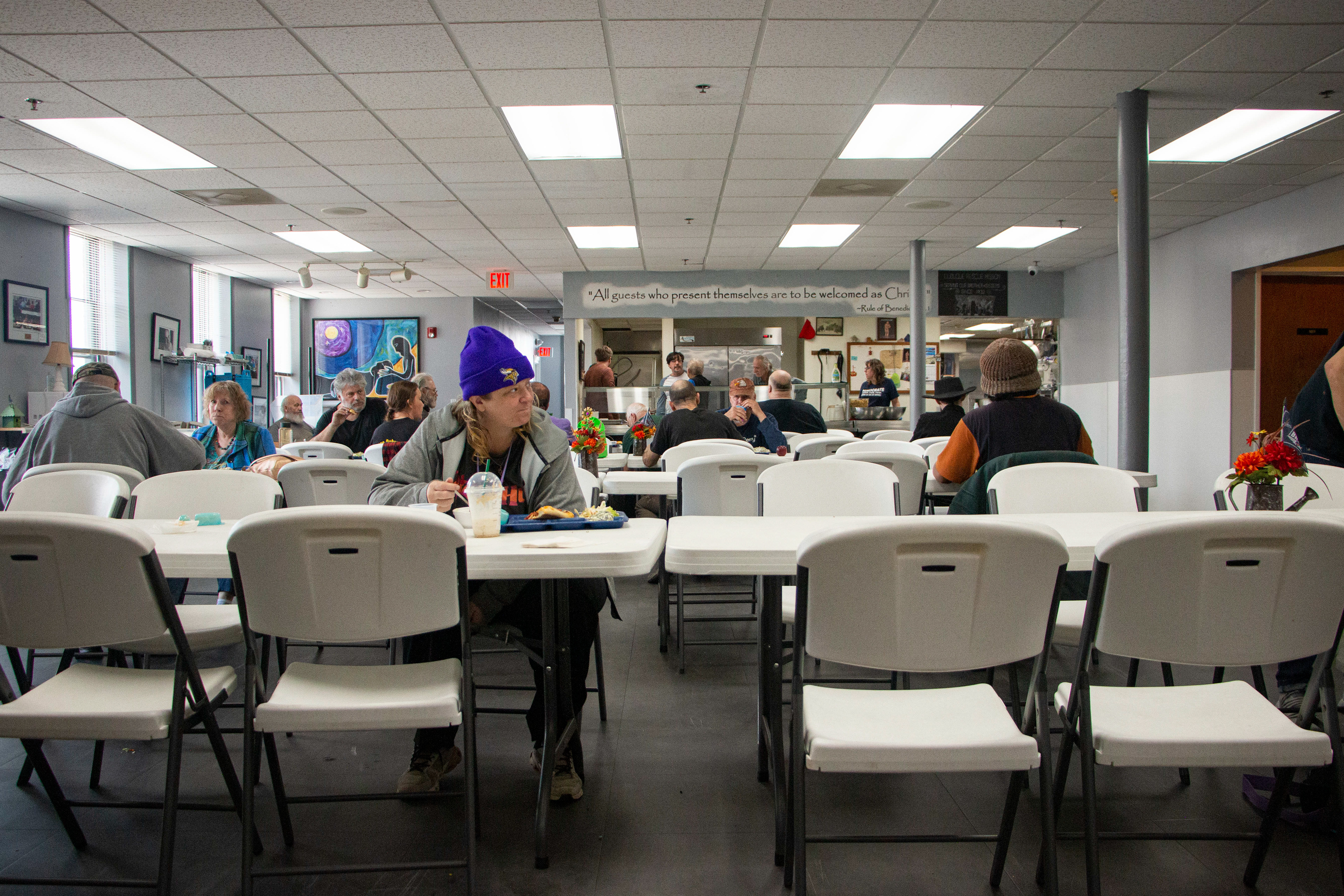 Rescue Mission Community Restaurant and Kitchen in Dubuque, IA on April 27, 2024. Atoshia Balley eats the free meal with the other homeless.