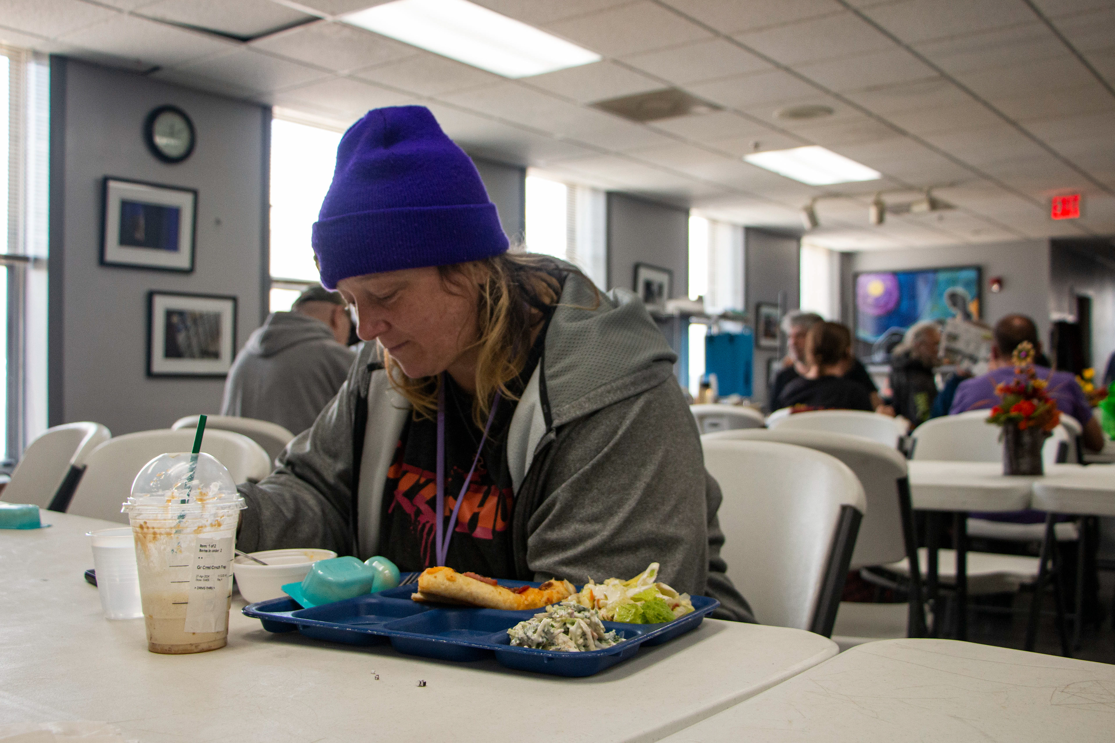 Rescue Mission Community Restaurant and Kitchen in Dubuque, IA on April 27, 2024. Atoshia Balley eats the free meal.