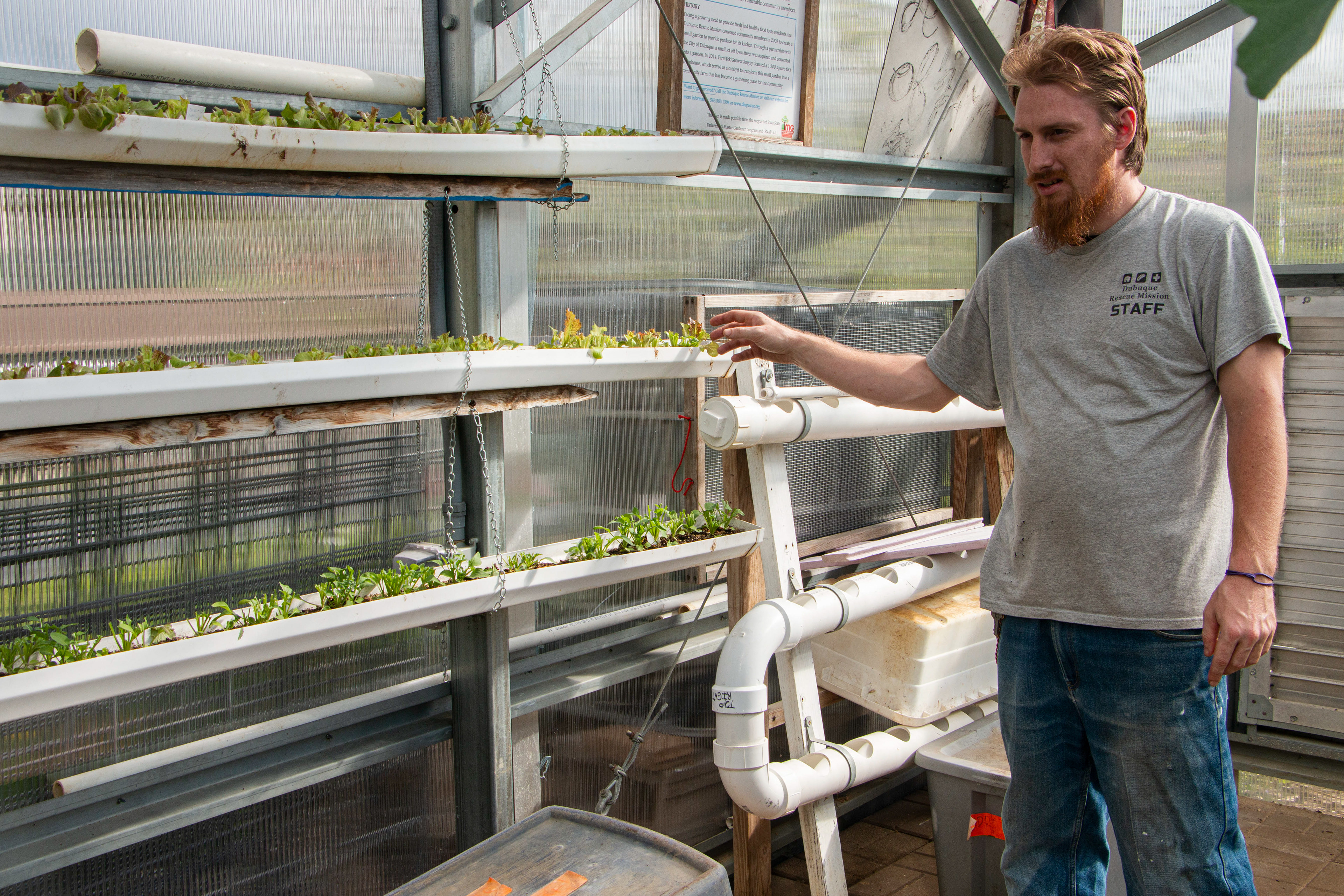 Rescue Mission Community Garden in Dubuque, IA on April 27, 2024. John Delventhal, the master gardener, shows his vertical garden experiment.