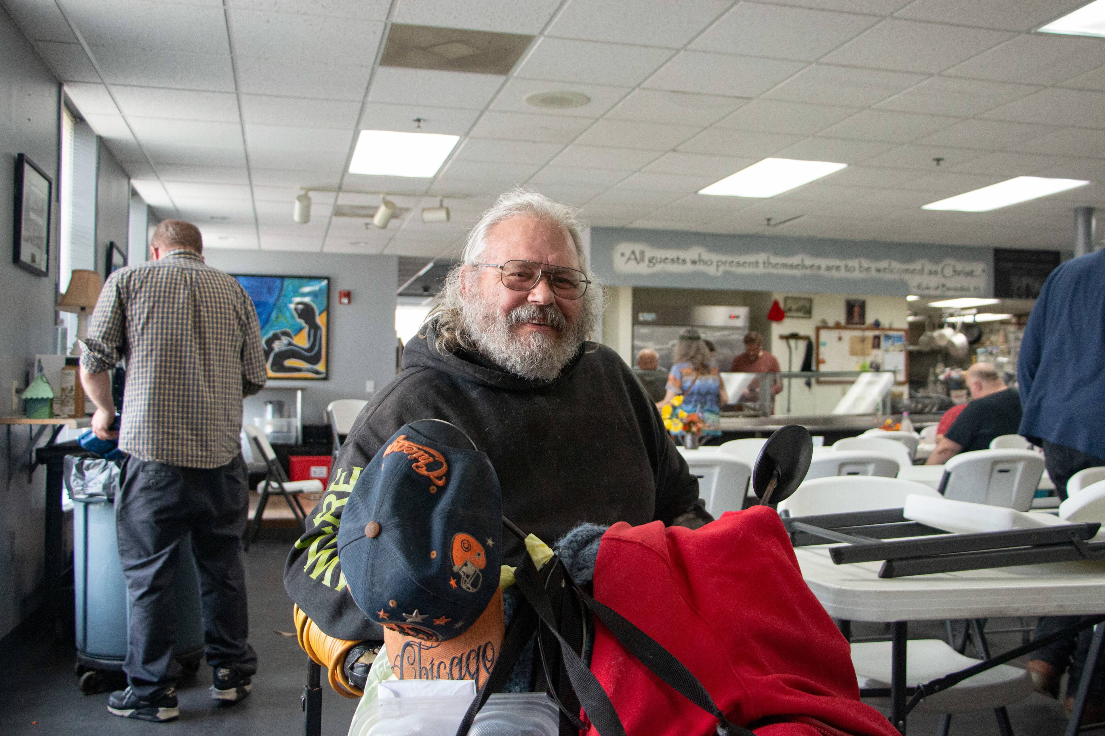 Rescue Mission Community Restaurant and Kitchen in Dubuque, IA on April 27, 2024. Michael Ray Stower leaves after eating the meal.