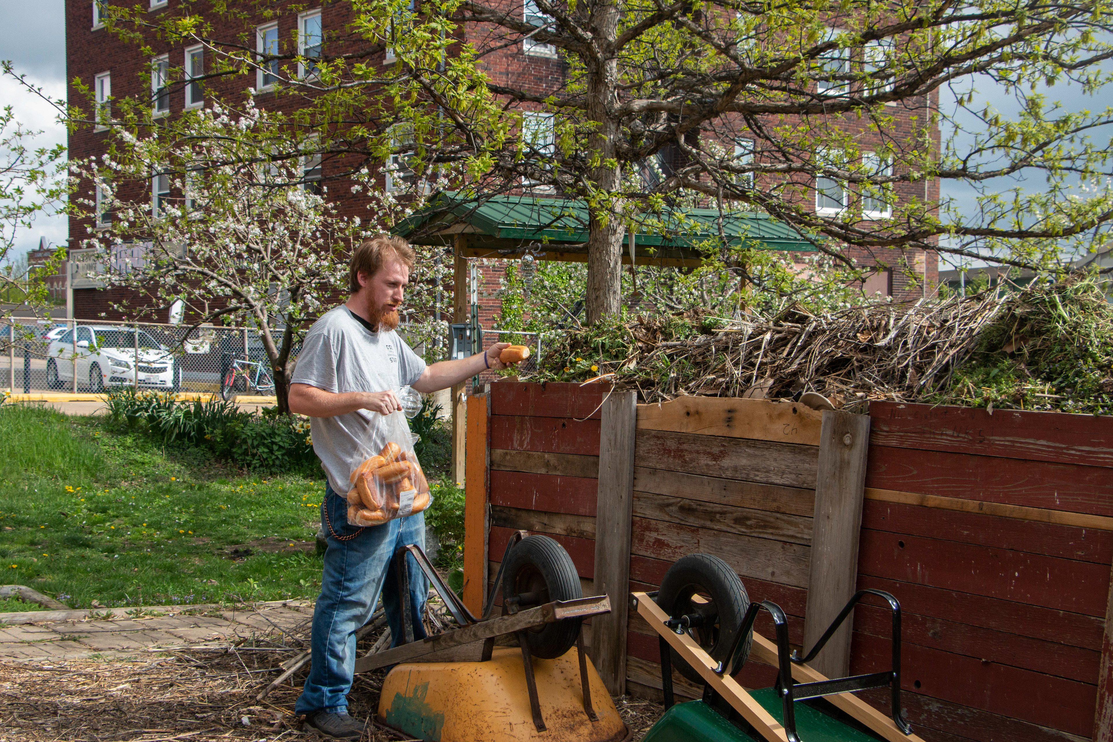 Rescue Mission Community Garden in Dubuque, IA on April 27, 2024. John Delventhal says adds moldy break to the compost to suck up the moist.