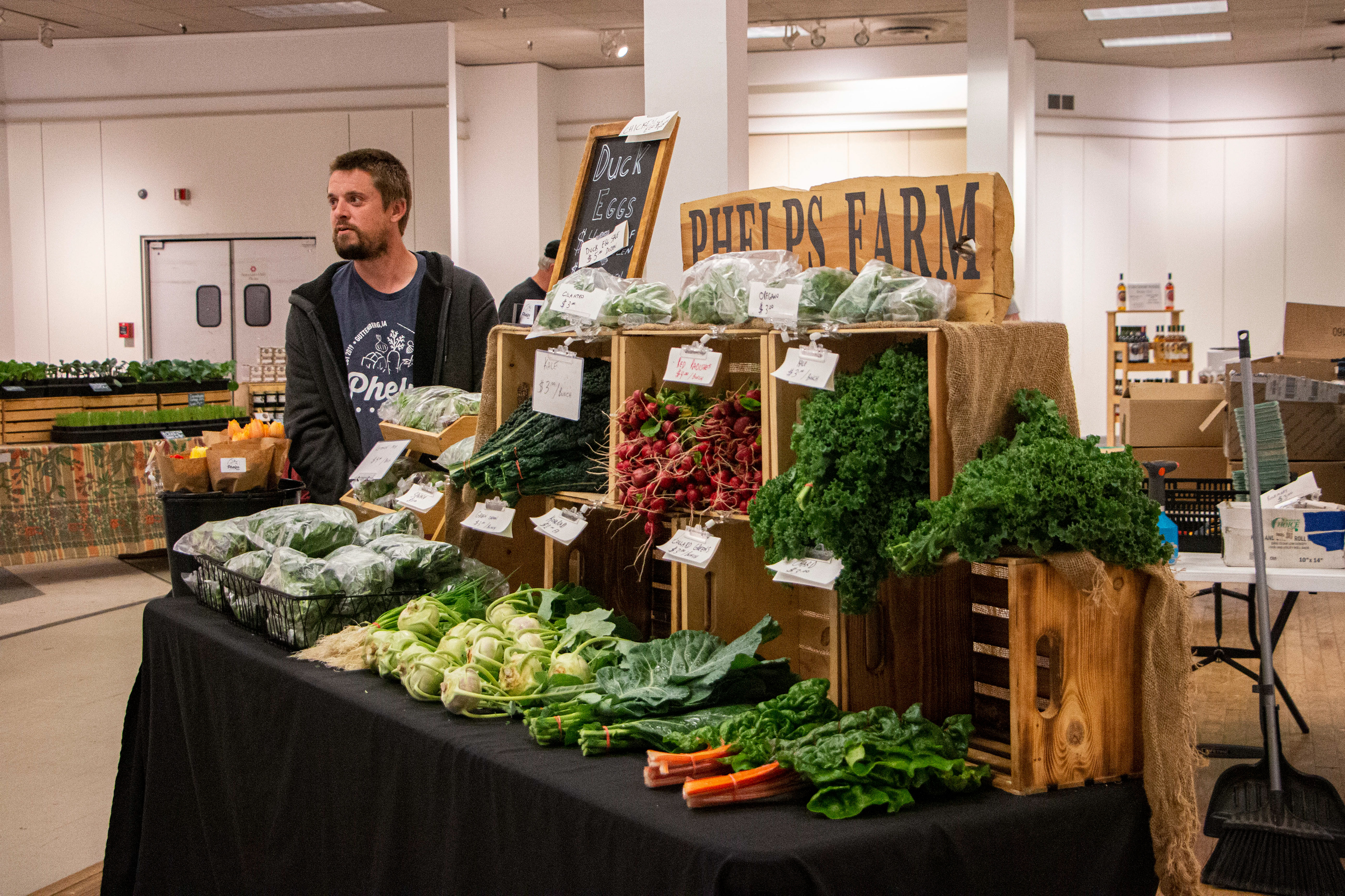 Winter Farmer's Market at Kennedy Mall in Dubuque, IA on April 27, 2024. Andrew Phelps has the Phelps Farm booth at the Farmer's Market selling organic products.