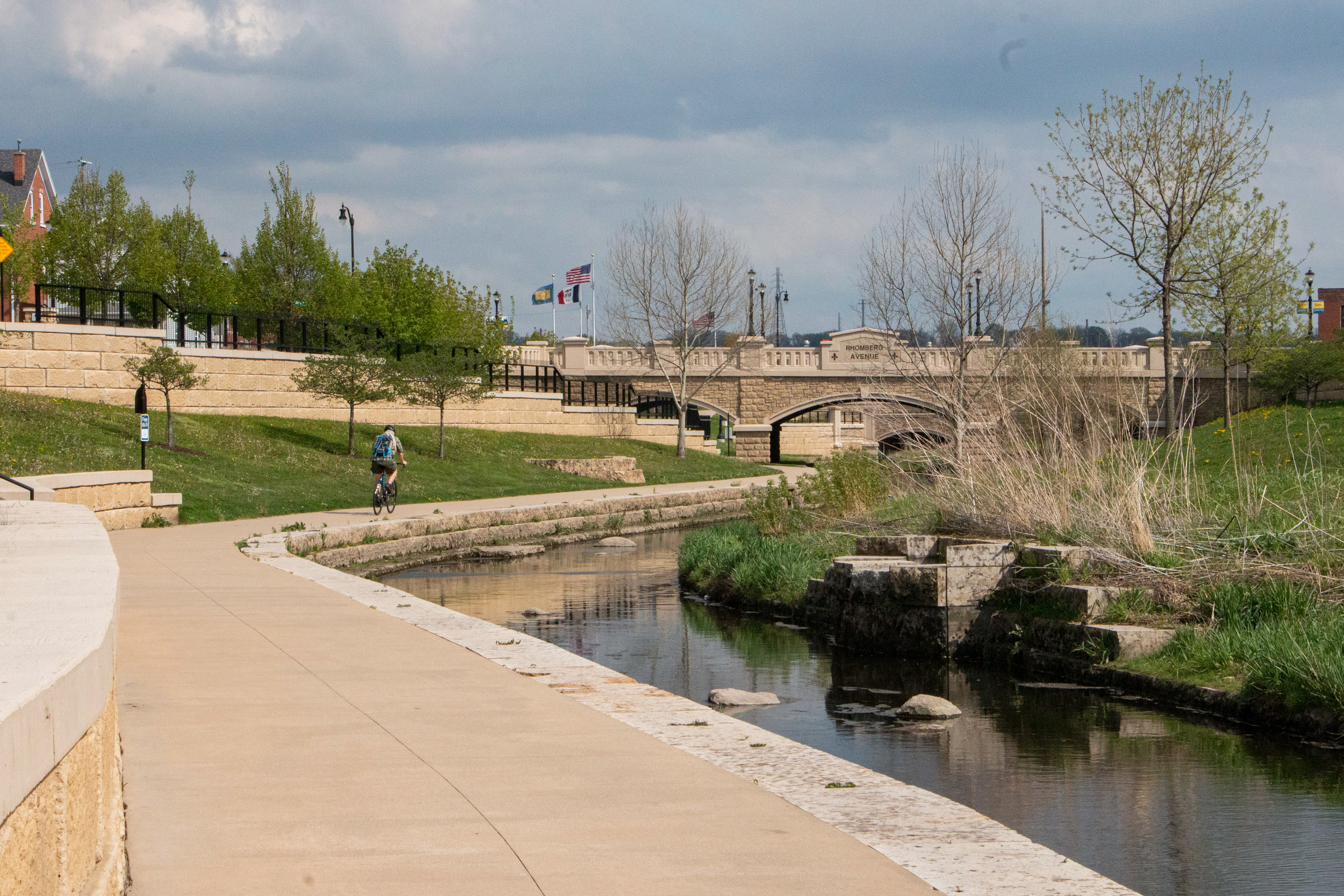 Bee Branch Trail in Dubuque, IA on April 27, 2024. Bikers use the Bee Branch trail made by the engineer Steve Sampson Brown who is also involved in creating the Mobility Passion Team working in the bike lane project.