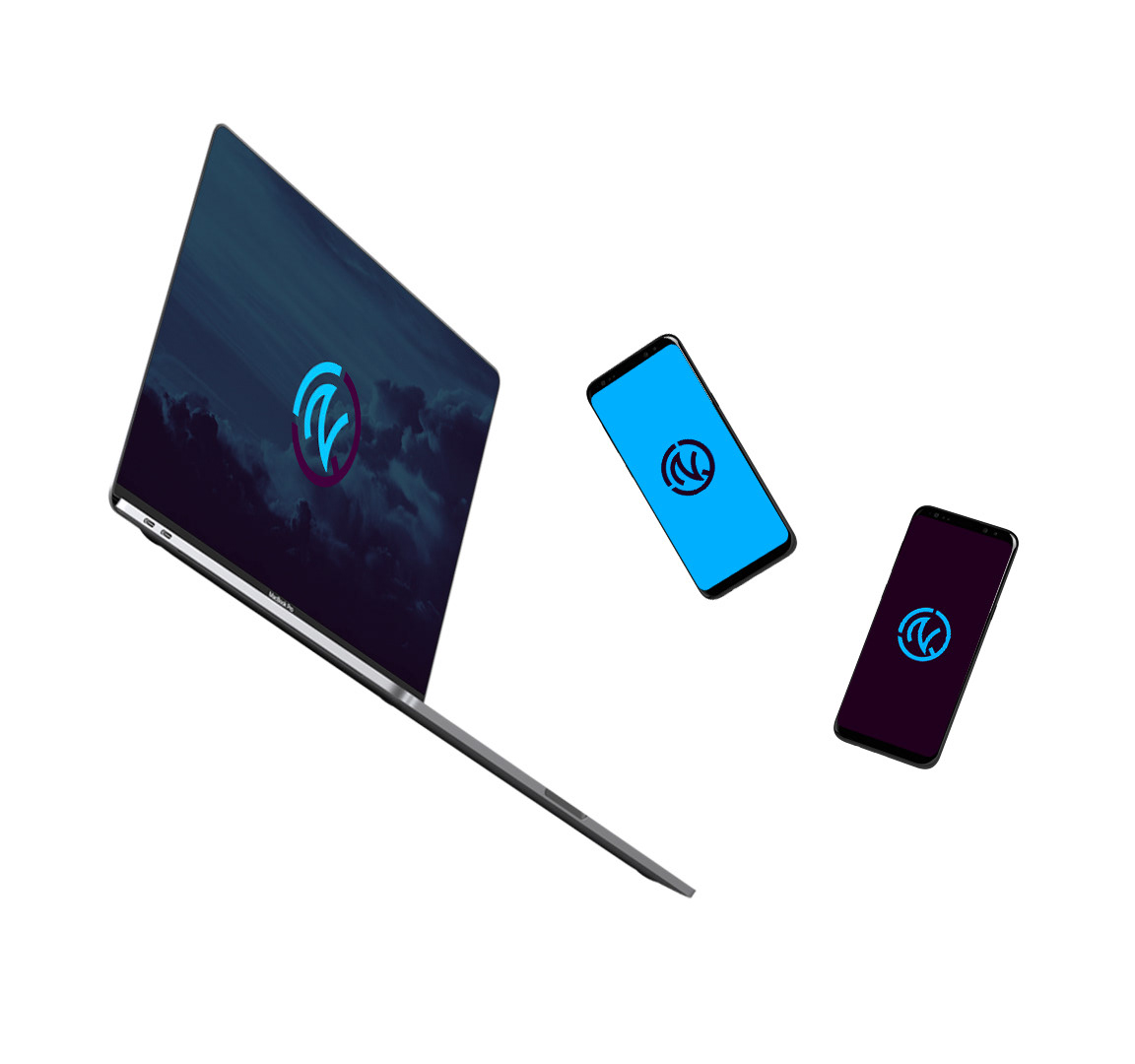 notebook e celular flutuando com wallpaper