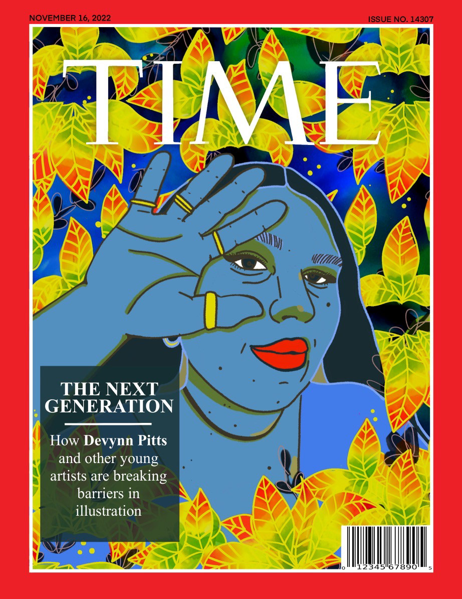 Prompt: self portrait mockup on a famous magazine cover. Leaves and background were made with digital retouching and alcohol inks.