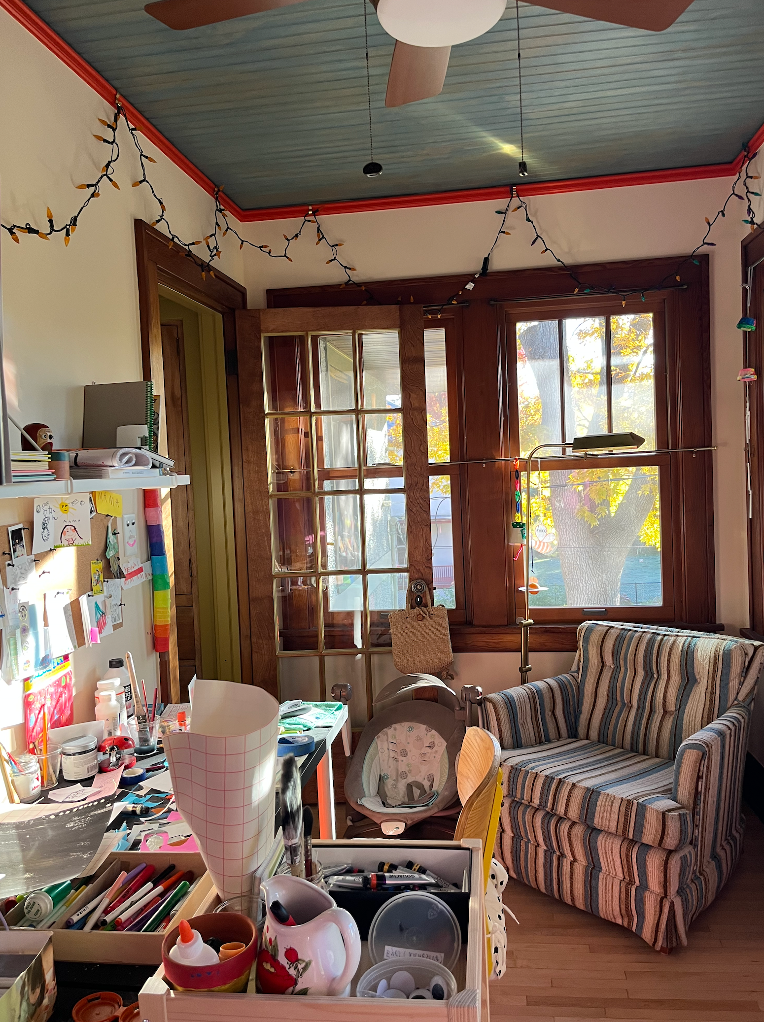 This is my art room, where mess is welcome and my daughter loves hosting art parties with her friends.