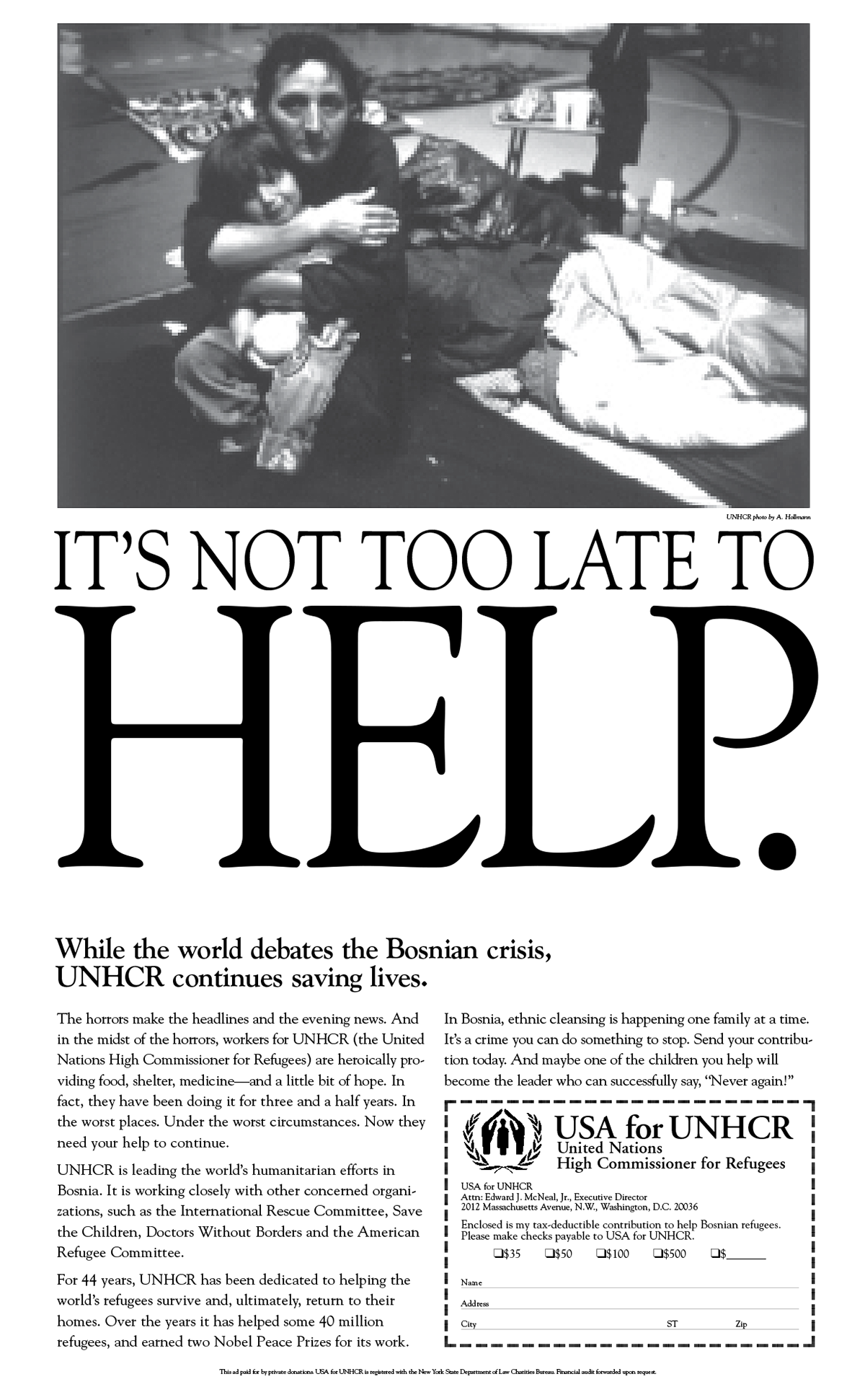 Full-page ad in The New York Times for the benefit of Bosnian refugees