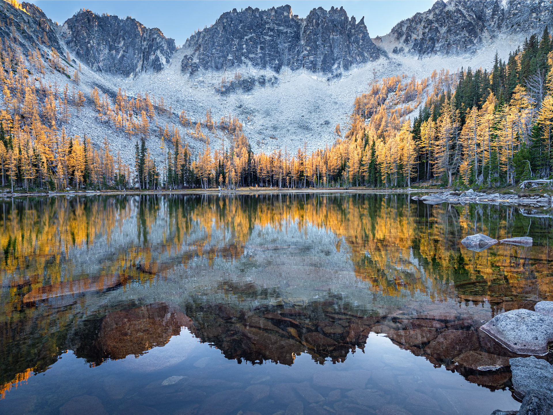 Crater Lake with Larches and Reflection
