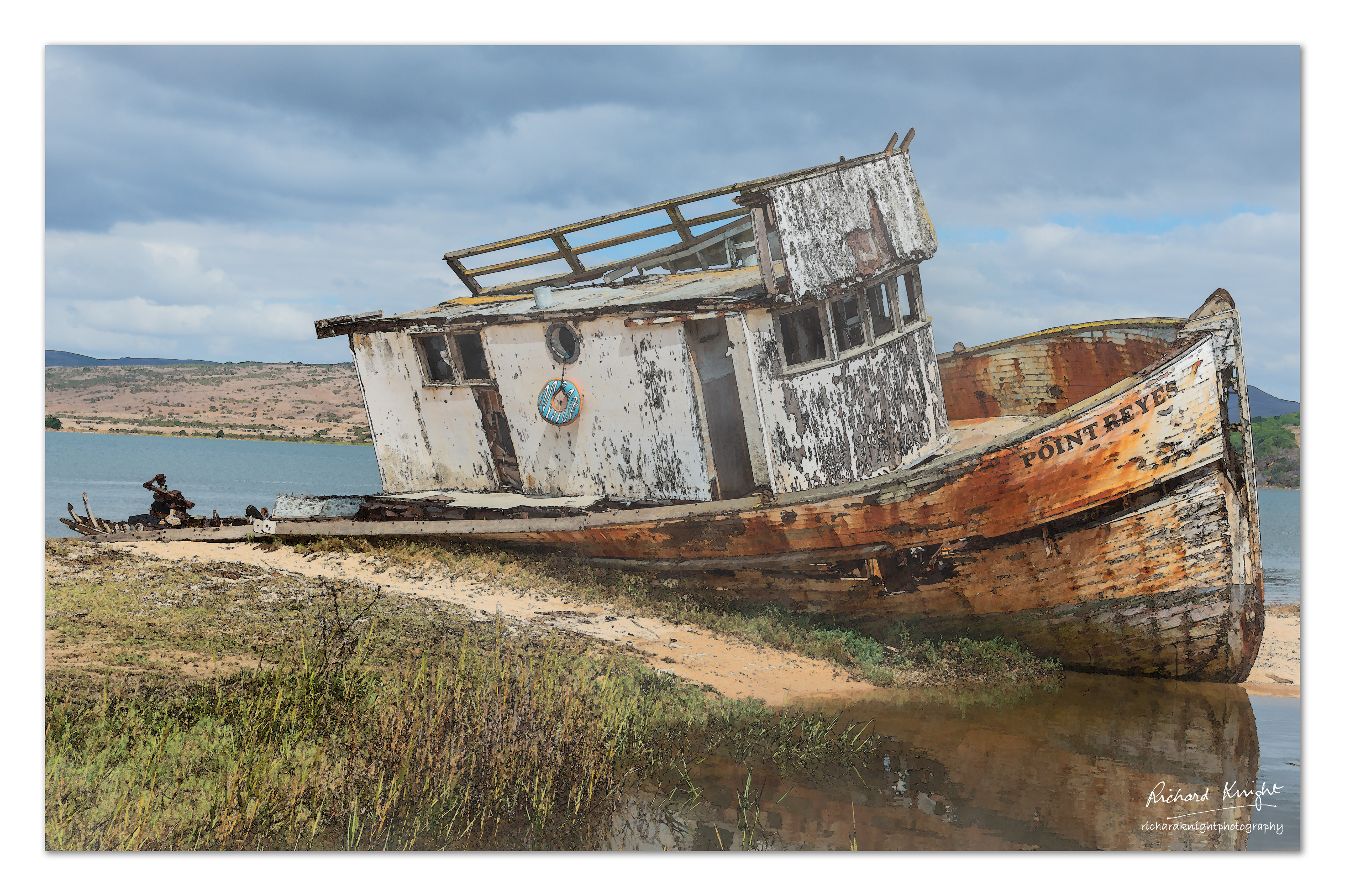An old fishing boat wreck in Tomales Bay, Point Reyes