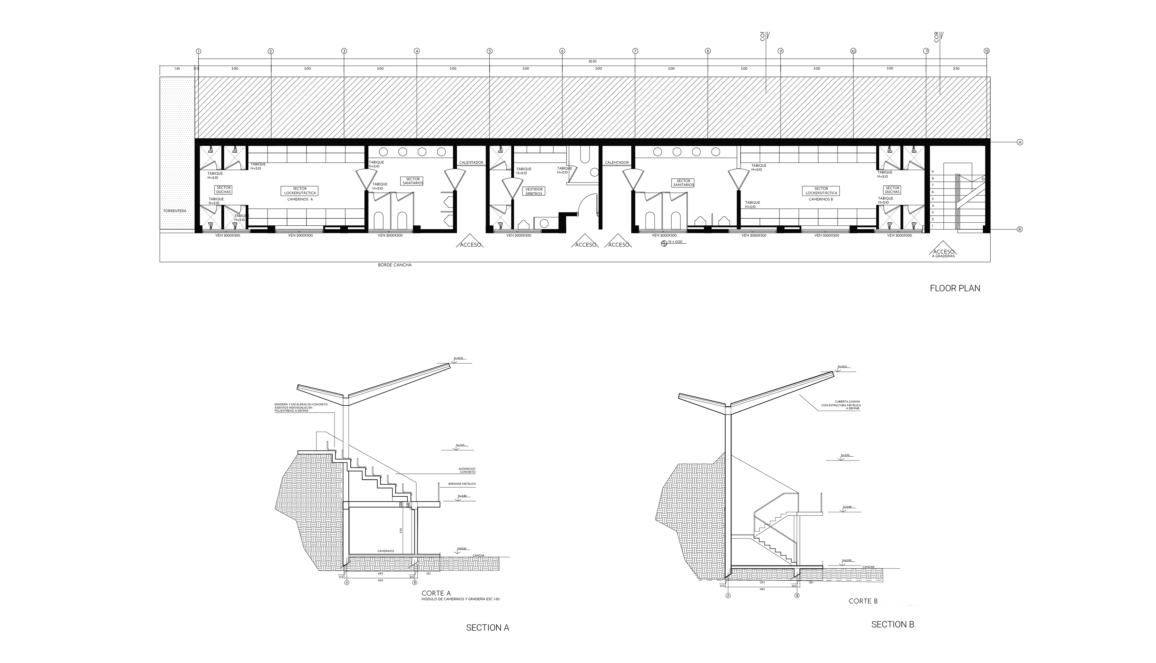Floor plan and sections - Grand stand and locker rooms