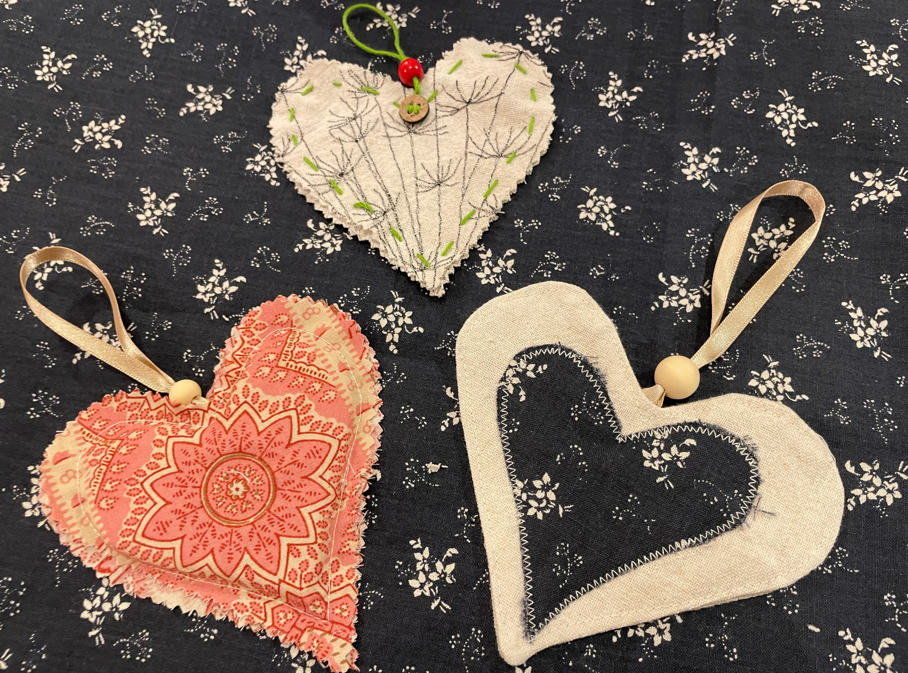 machine sewn, padded, ribbon, applique, bead....