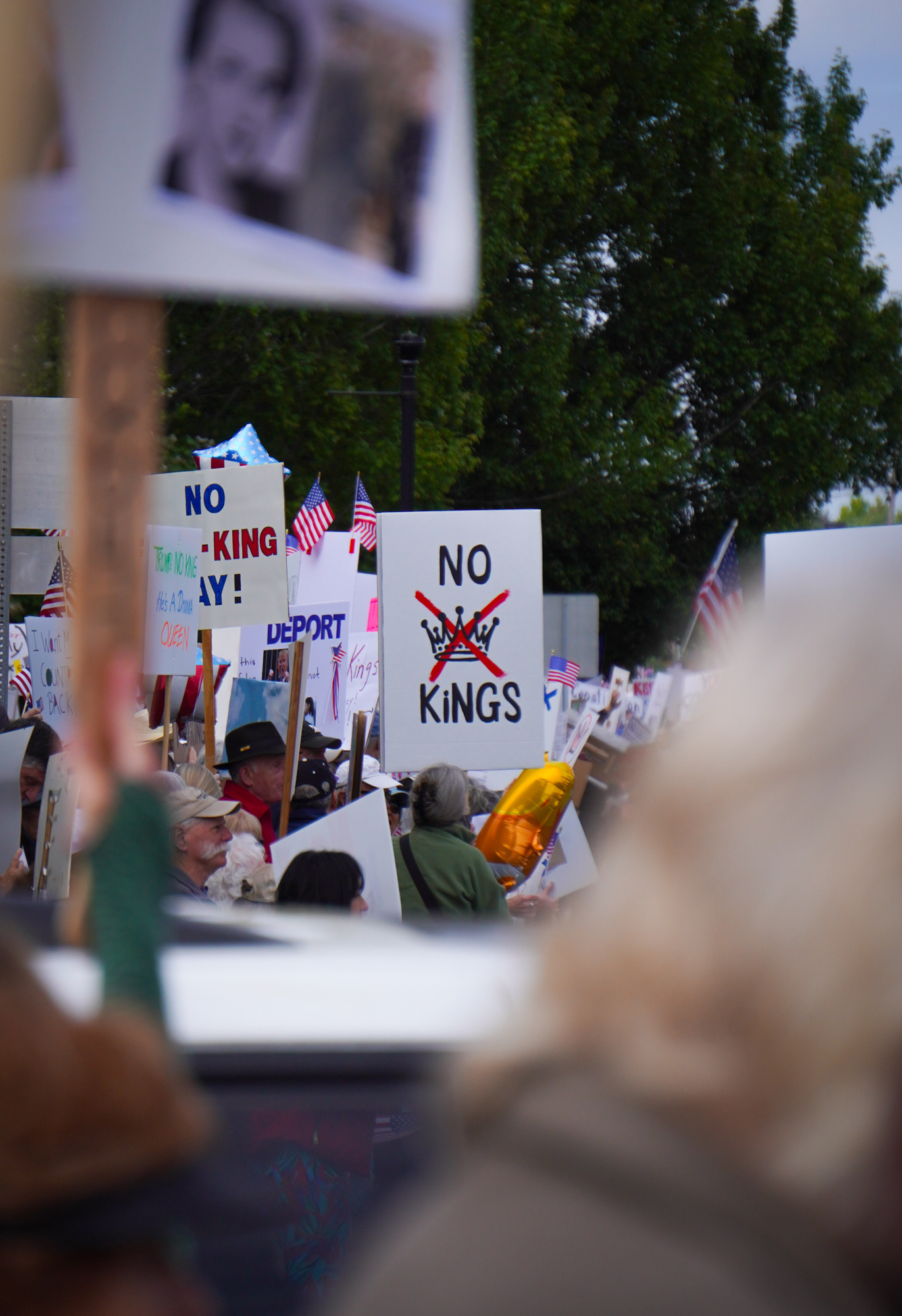 Protestors show up in numbers to a No Kings protest in Tigard, Oregon, one of over 2000 around the country.