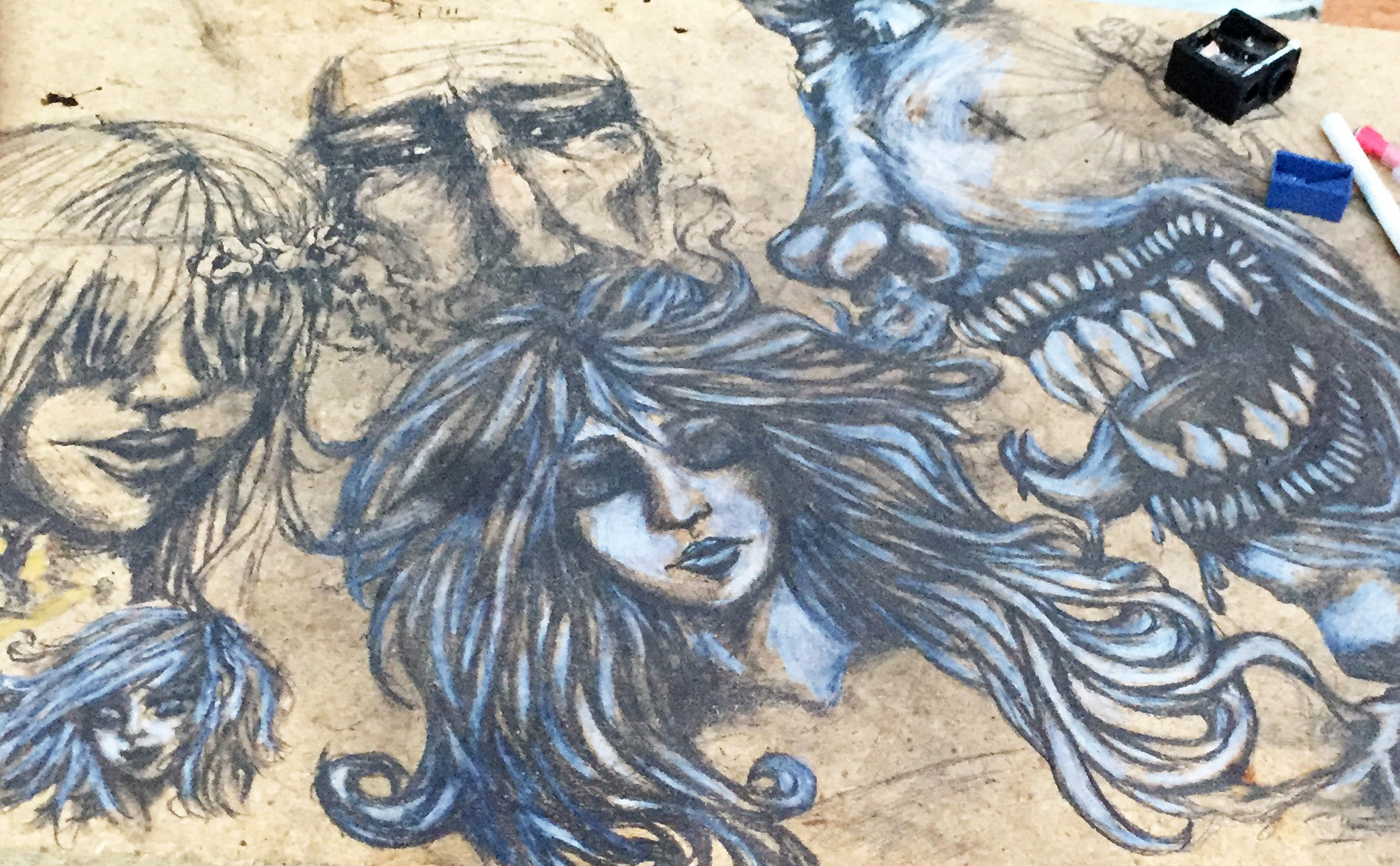 Wakeless Dreamer 2 - Pencil, Colored Pencil on Wood Sketch