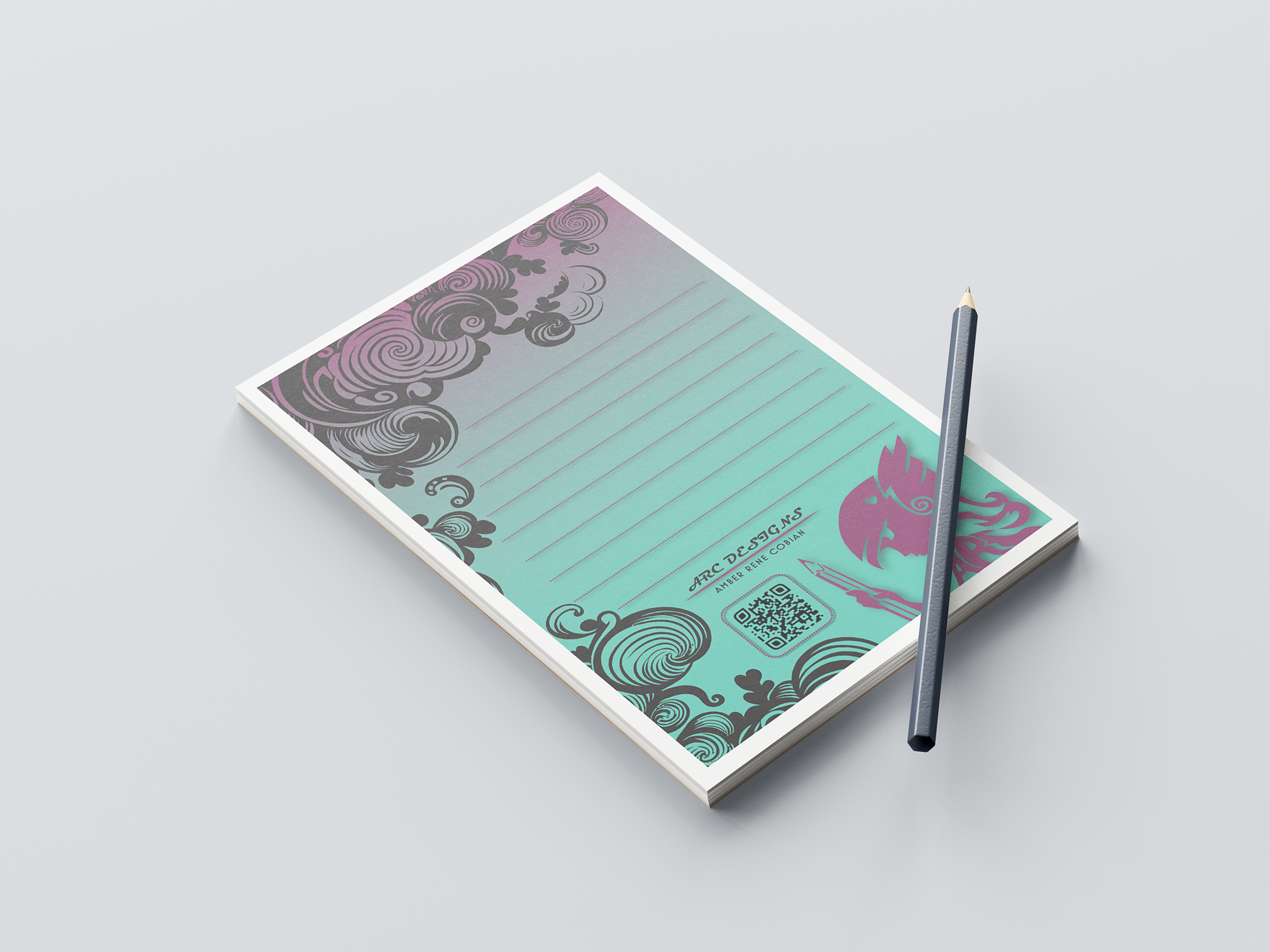 Notepad Mockup - Photoshop - Leave Behind concept for personal brandmark logo with link to my portfolio with QR code
