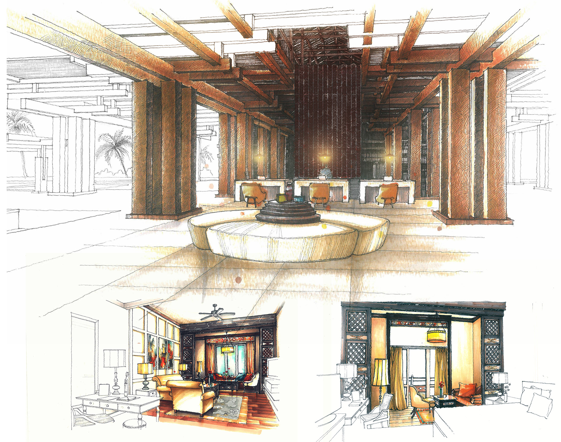 SKETCHES OF INTERIOR SPACES - MAIN LOBBY, GUESTROOMS