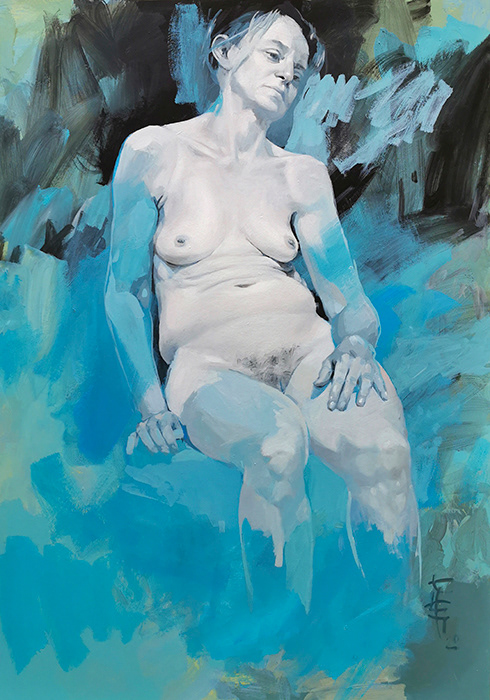 Nieśpiesznie, studium z modela, akryl na płycie, 70x100 cm, 2020