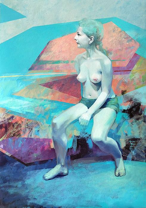 Defiant thoughts [Niepokorne myśli], life model study refined into something more, acrylic painting on board, 70x100 cm, 2020