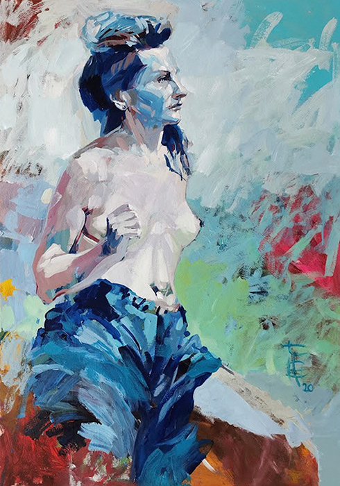 Umbrella [Parasolka], life model study, 100 x 70 cm, acrylics on cardboard, 2020