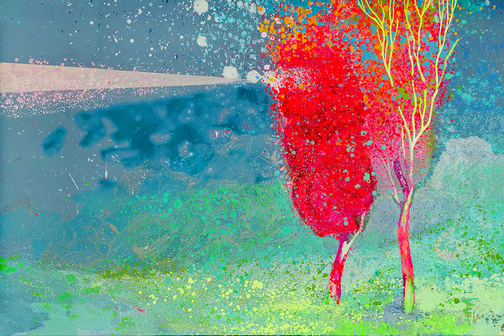 Scalenie, 90x60 cm, akryl na płycie, farba fluorescencyjna, nr 59/2022, 2500 pln