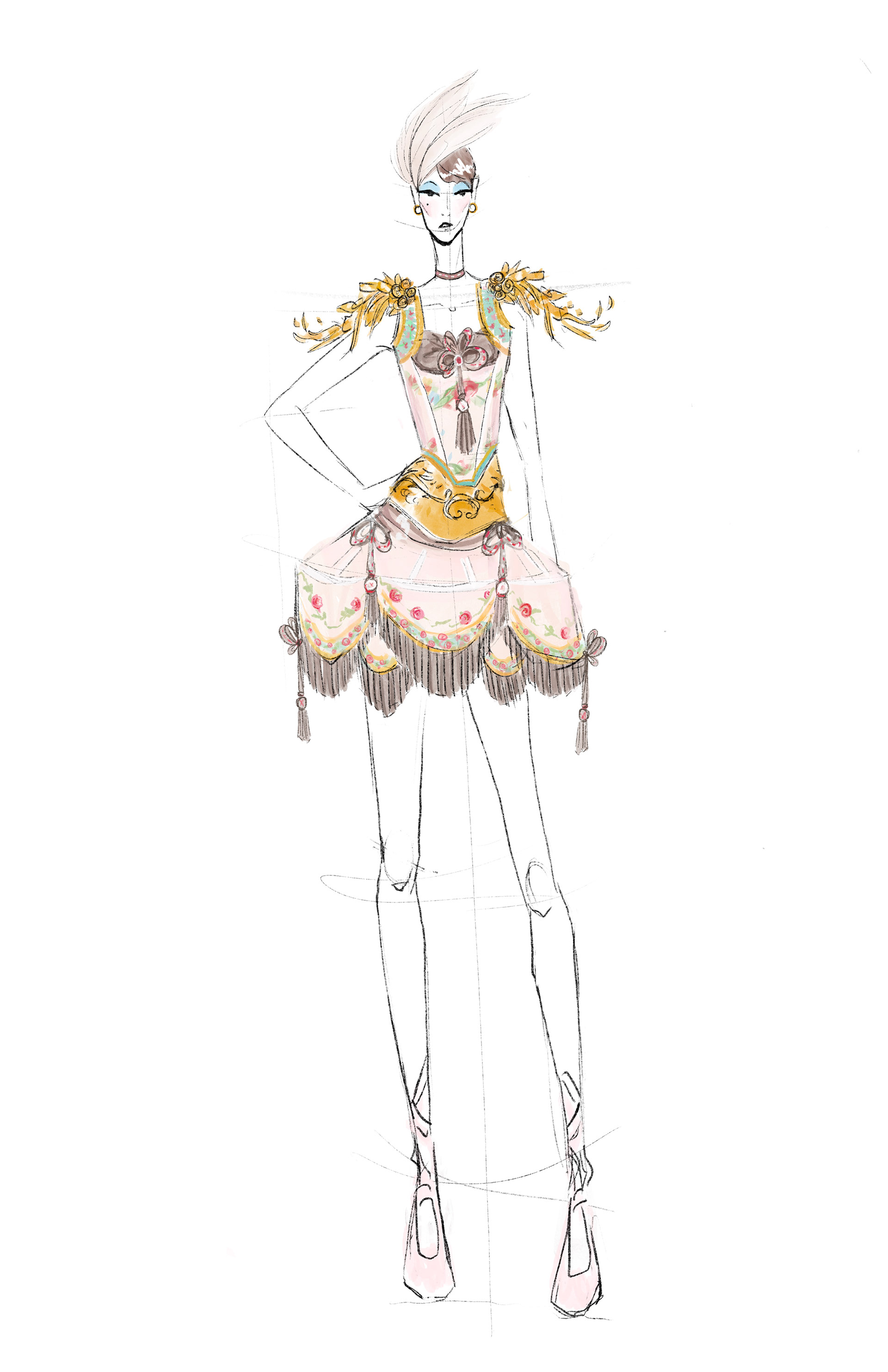 Look 6, my favorite. Entirely based off of Marie's bed, down to the floral pattern, curtain rods, gold detailing, feathers, and bows. 