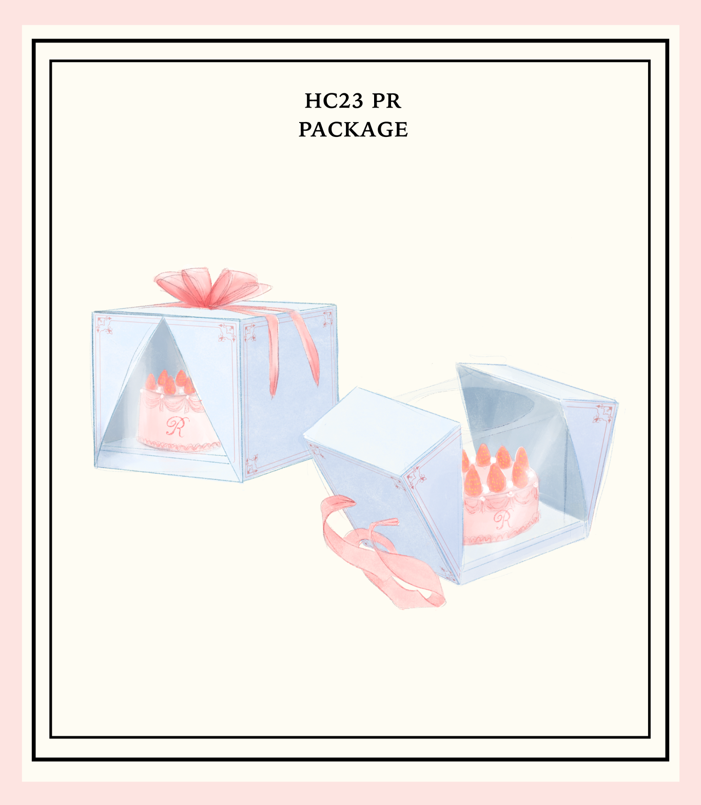 The PR package, which would hypothetically be sent out to celebrities/people attending the show, is a cake box (fitting for Marie Antoinette 'let them eat cake!'-- which fun fact, she never actually said that.)
