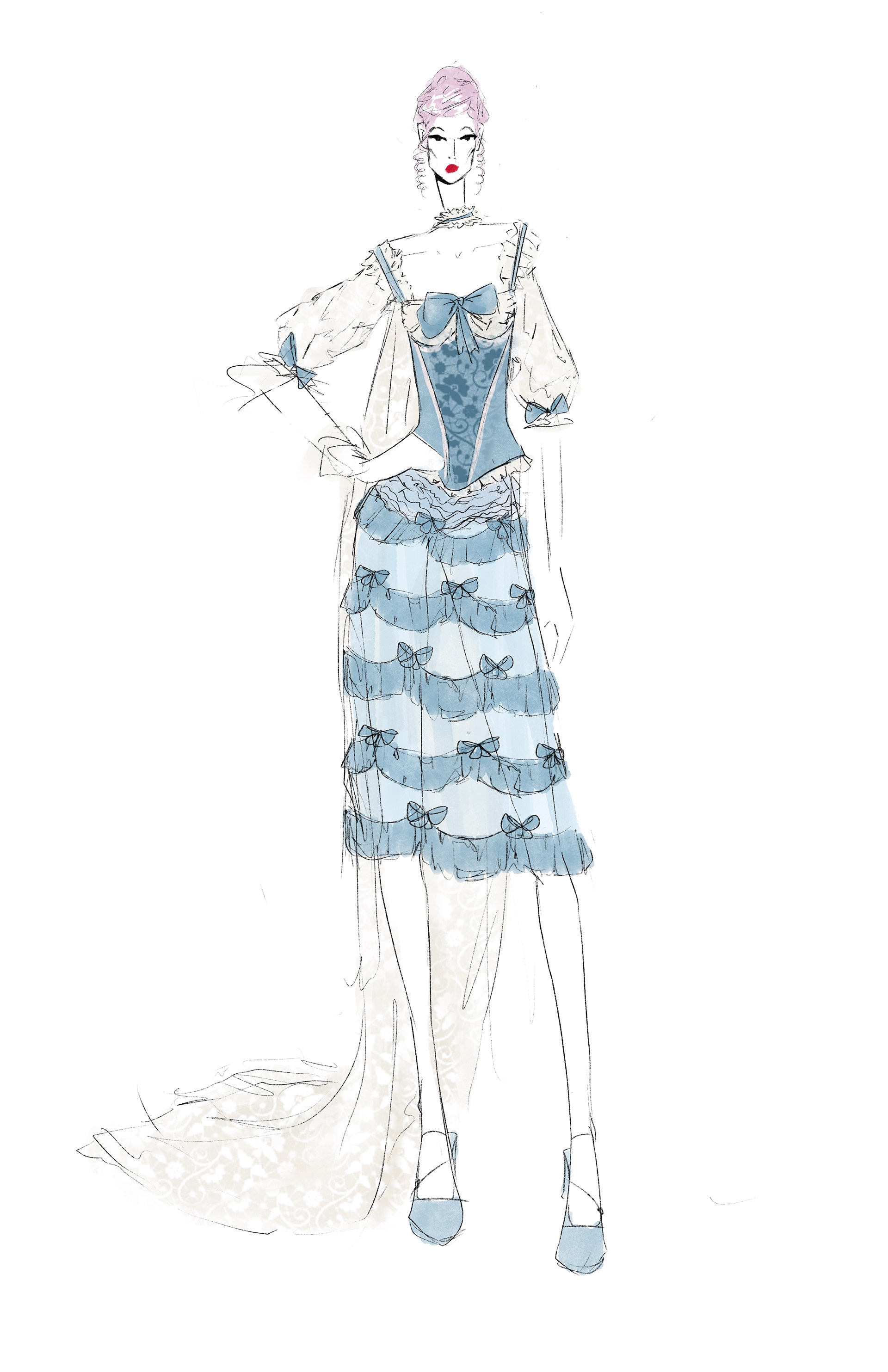 Look 3. Marie has almost completely settled into her new lifestyle, yet underneath all the frills and bows, you can still see her hanging onto a bit of her youth (bloomers beneath sheer fabric), as she hadn't yet gotten used to everything. 