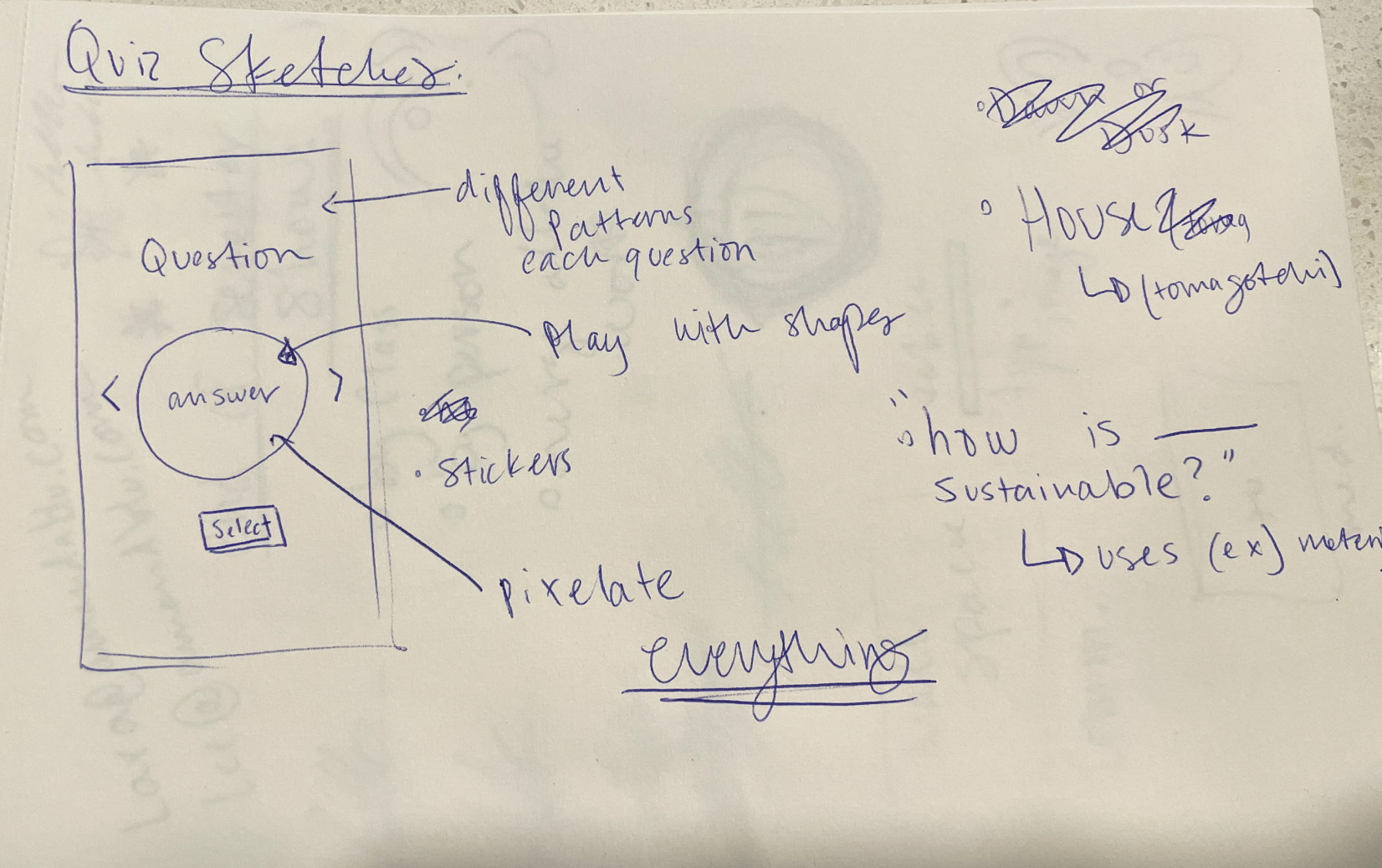 Some original sketches about how the quiz might work.