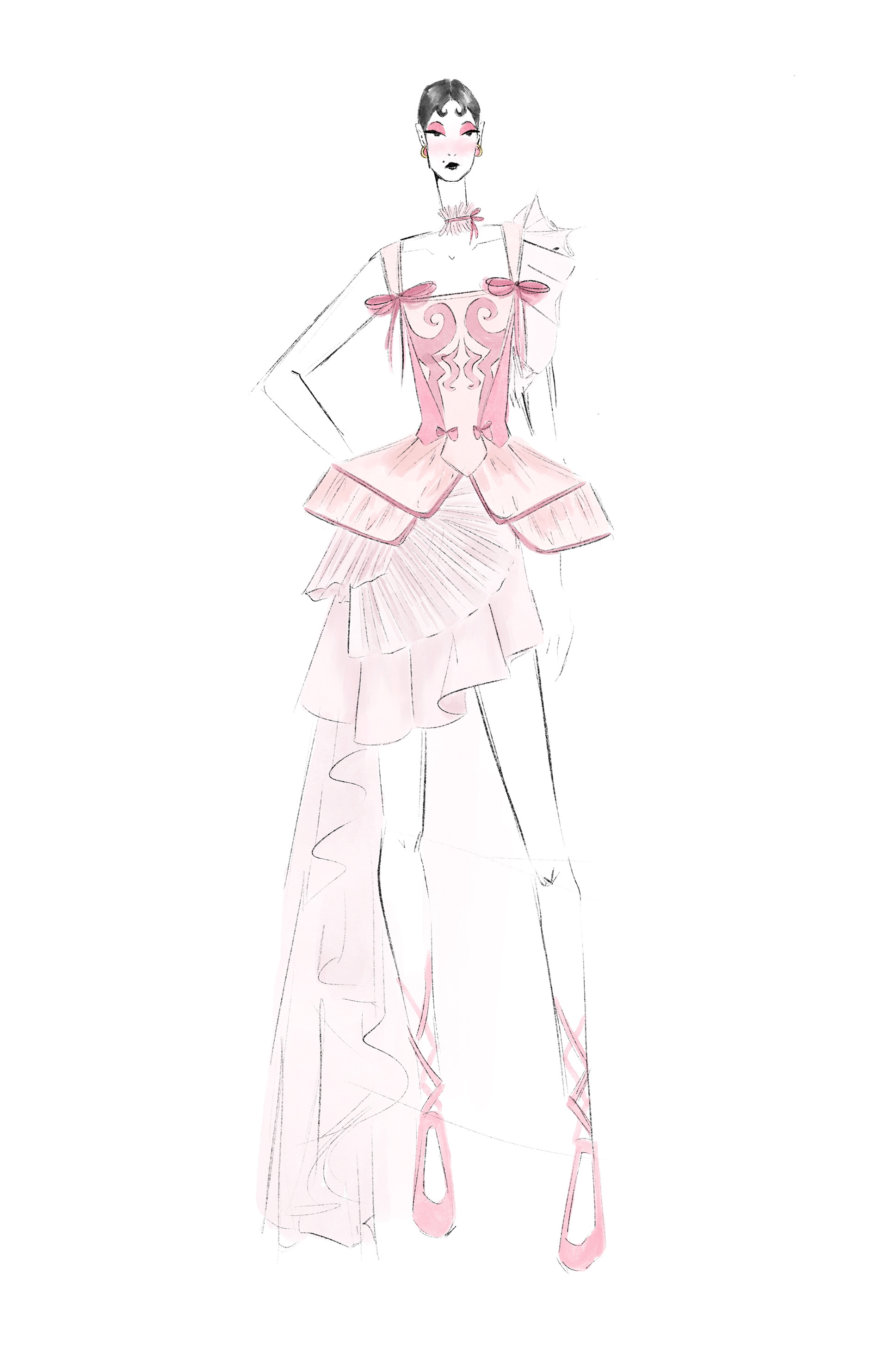 Look 4. Marie has become one of the french girls. At the time, this color pink was a sign of high status. I also intertwined the patterns of the Gardens of Versailles in the corset.