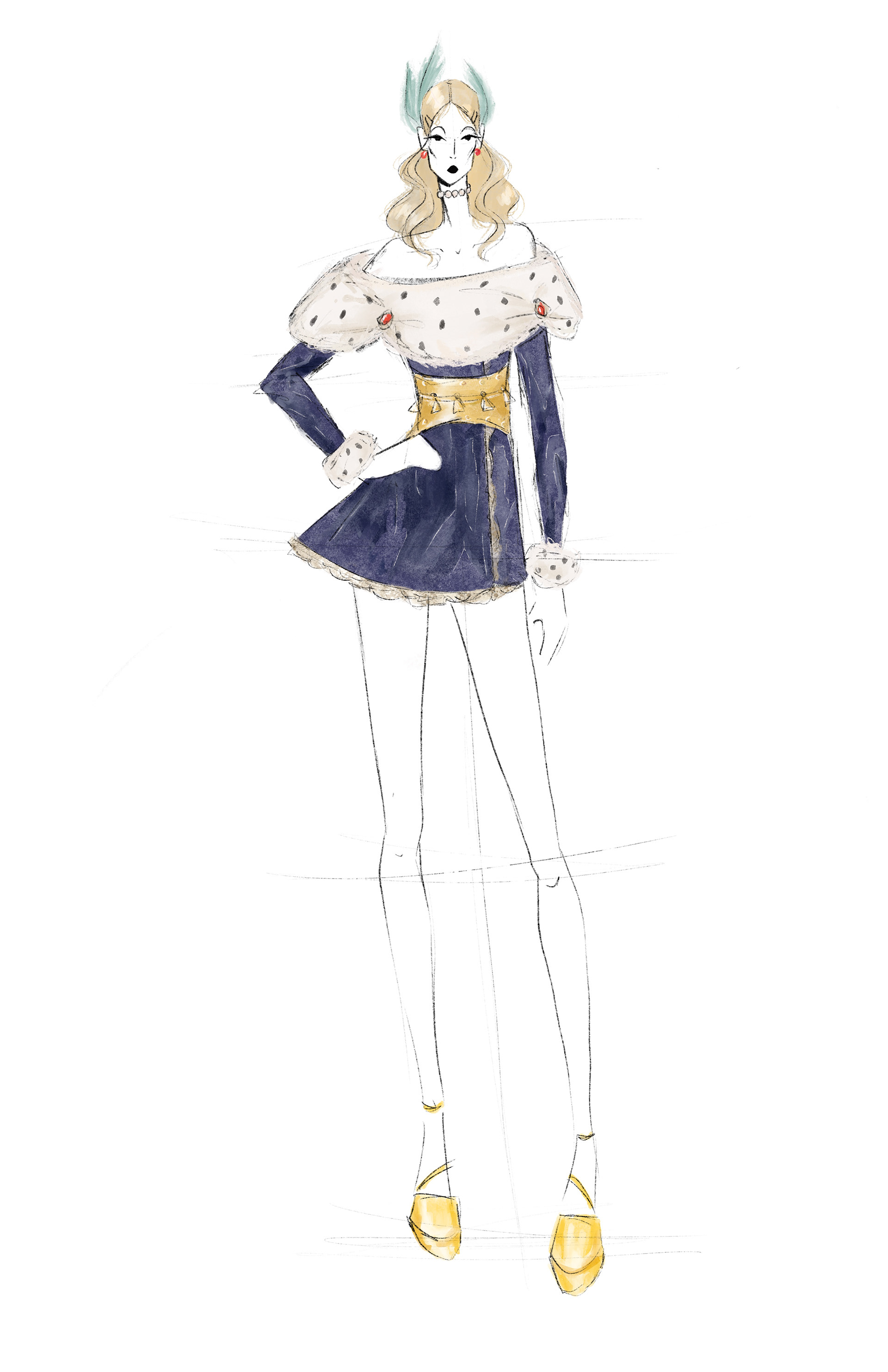 Look 5. Again, this fur lining was a sign of high status, and royalty, as seen on many King's crowns. The influence of gold represents the wealth she was embracing at the time.