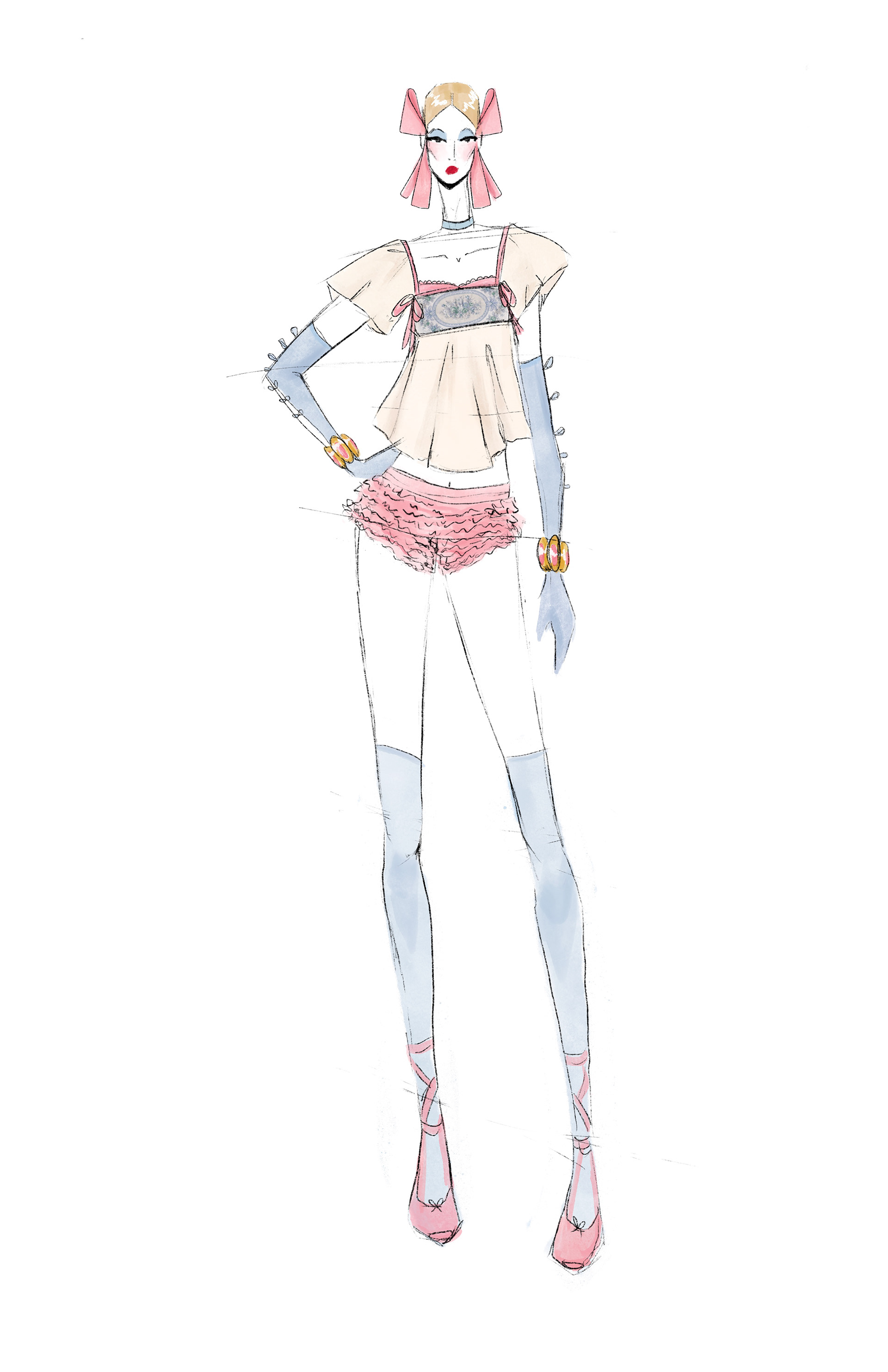 Starting off with Look 1, this look represents Marie's youth, influenced by the murals on the walls of her childhood home in Austria, I wanted to communicate youth with the childlike appearance of large bows, and frilly bloomer shorts.